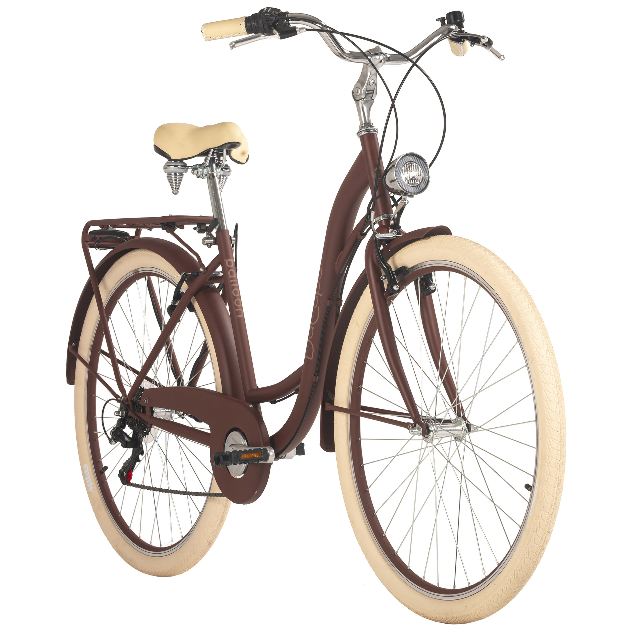 Ein braunes Fahrrad mit cremefarbenen Reifen und einem cremefarbenen Sitz wird von vorne gezeigt.