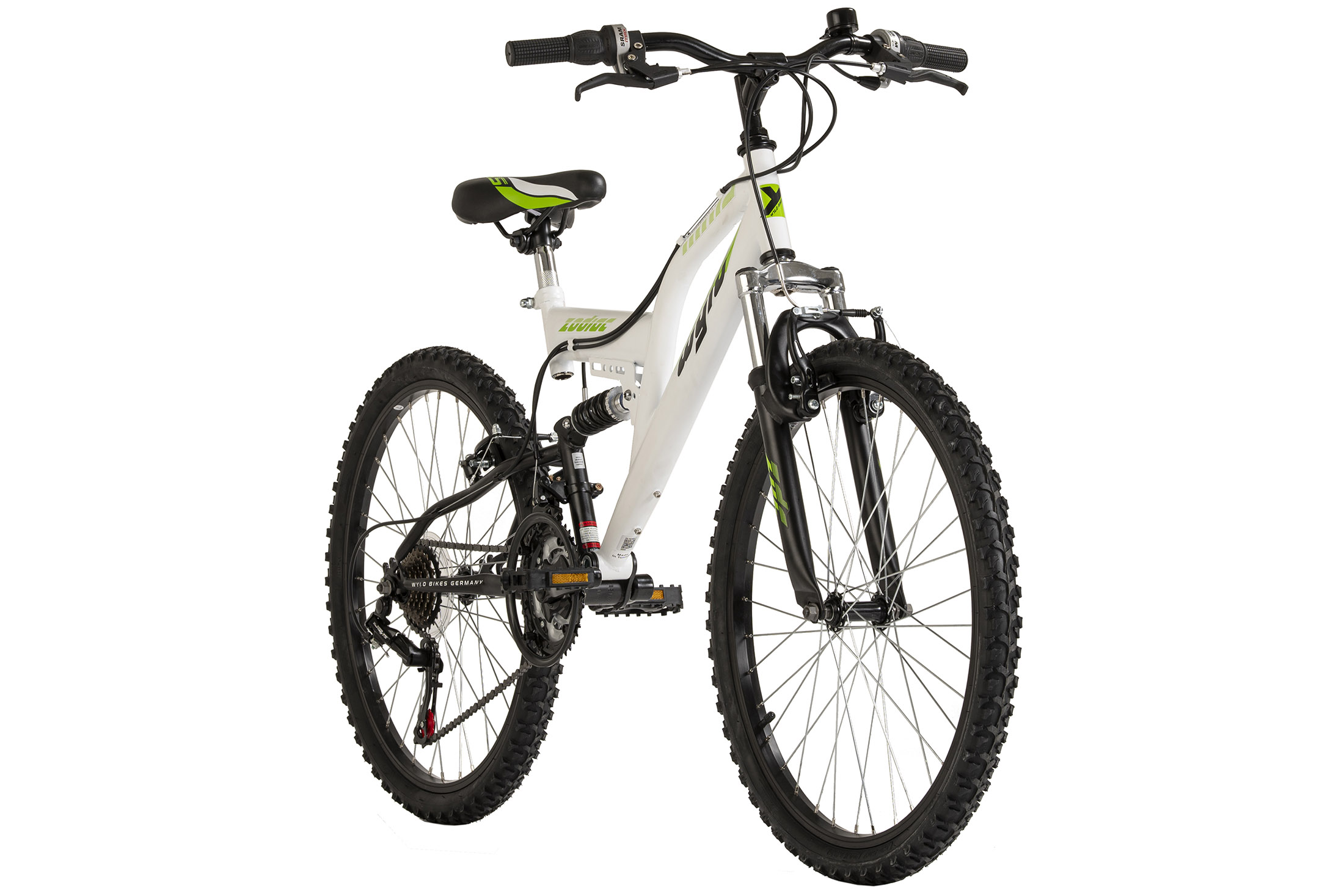 Ein weißes Mountainbike mit schwarzen Reifen und grünen Akzenten ist zentriert und vor einem weißen Hintergrund platziert.
