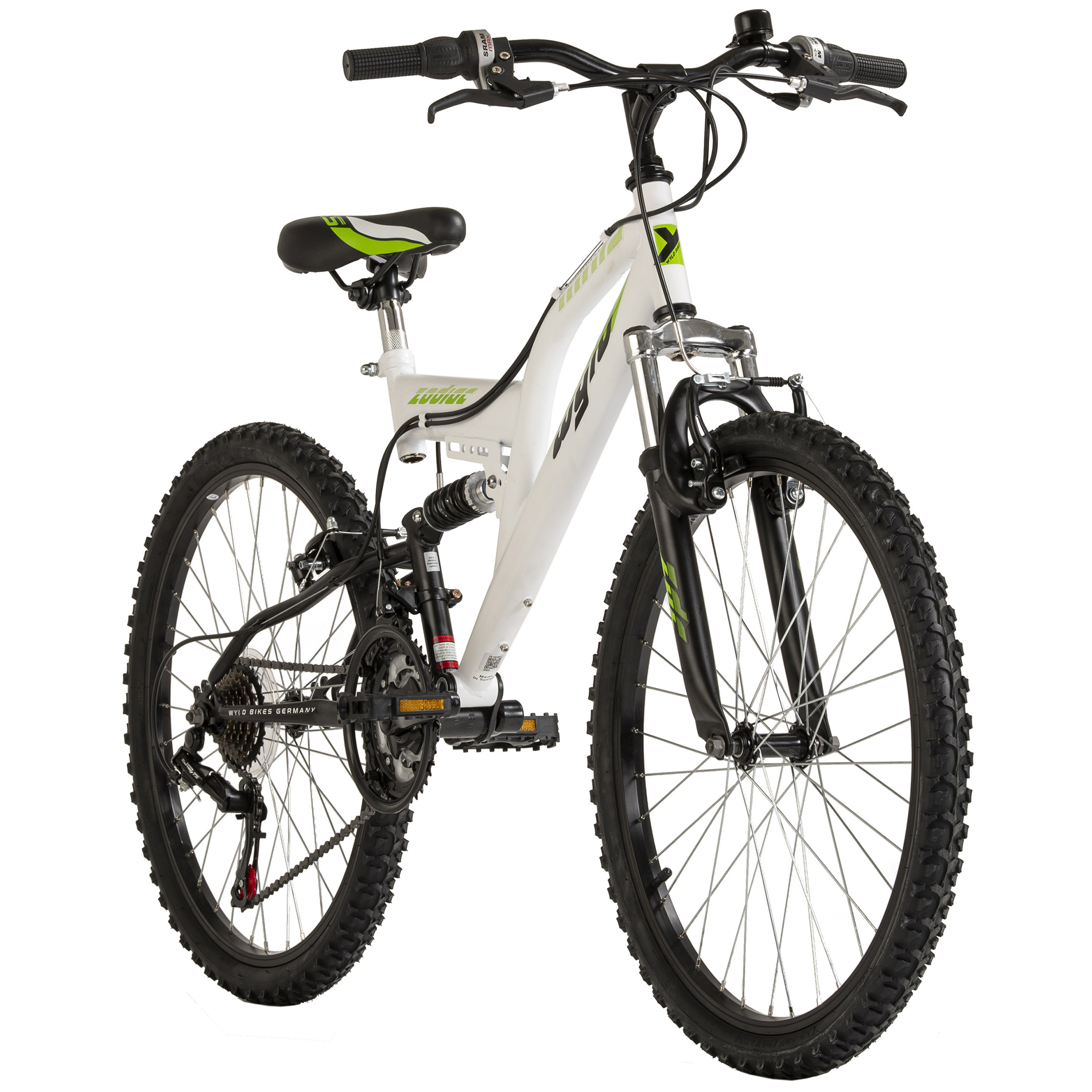Ein weißes Mountainbike mit grünen und schwarzen Akzenten, von vorne gezeigt.