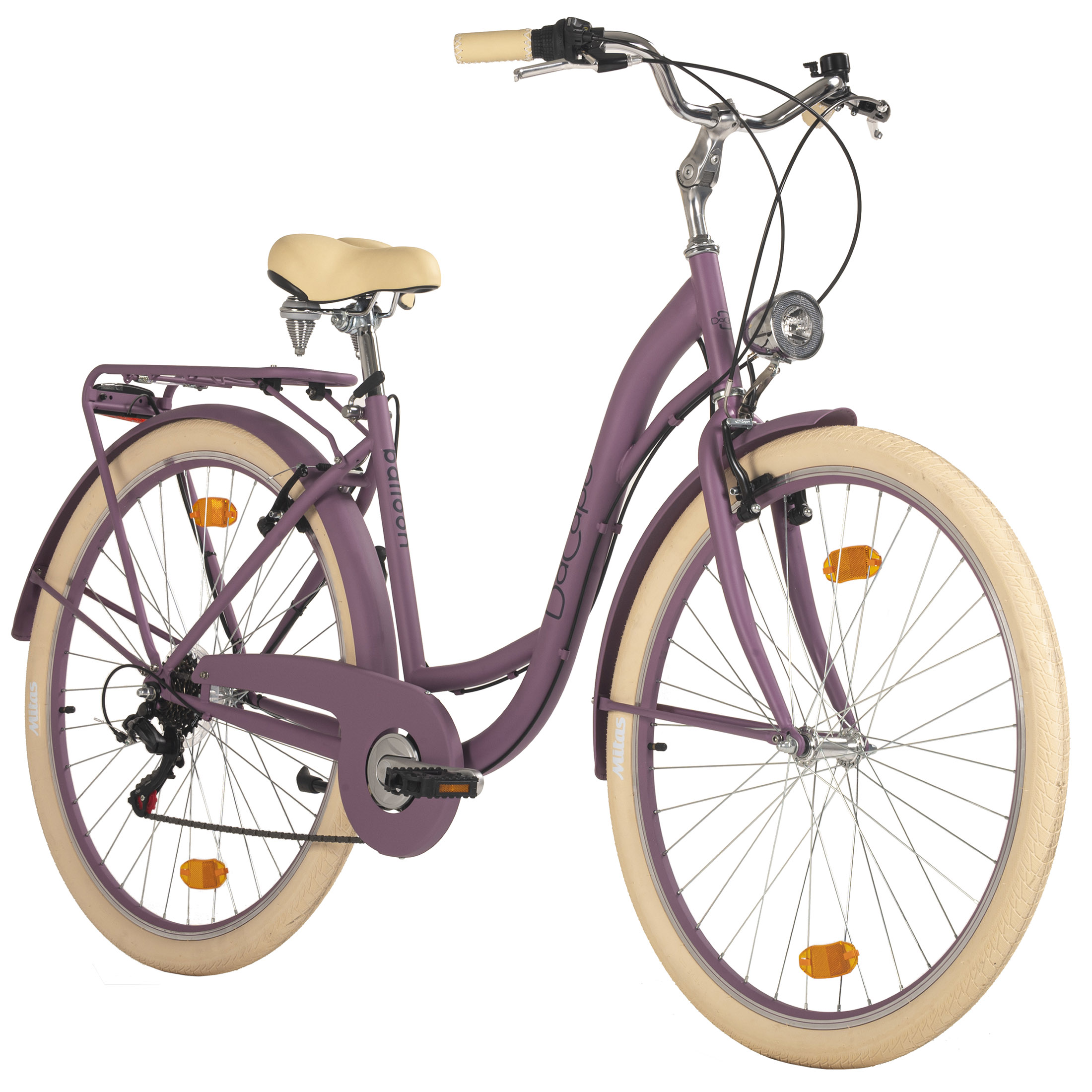 Lila Citybike mit beigen Reifen und weißem Hintergrund.