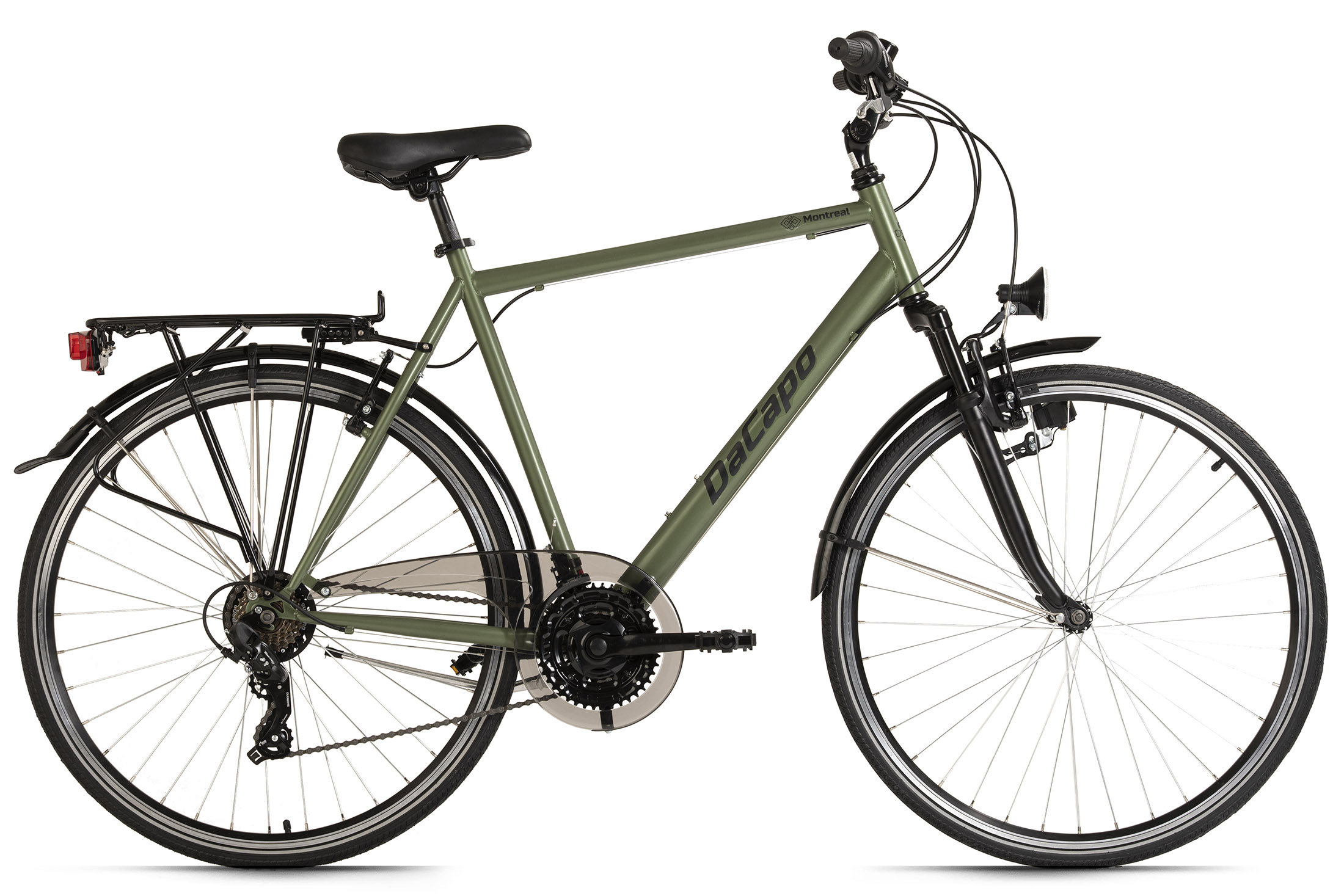 Grünes Citybike mit Gepäckträger und Schutzblechen, vor weißem Hintergrund. Marke: 'Dacapo'.
