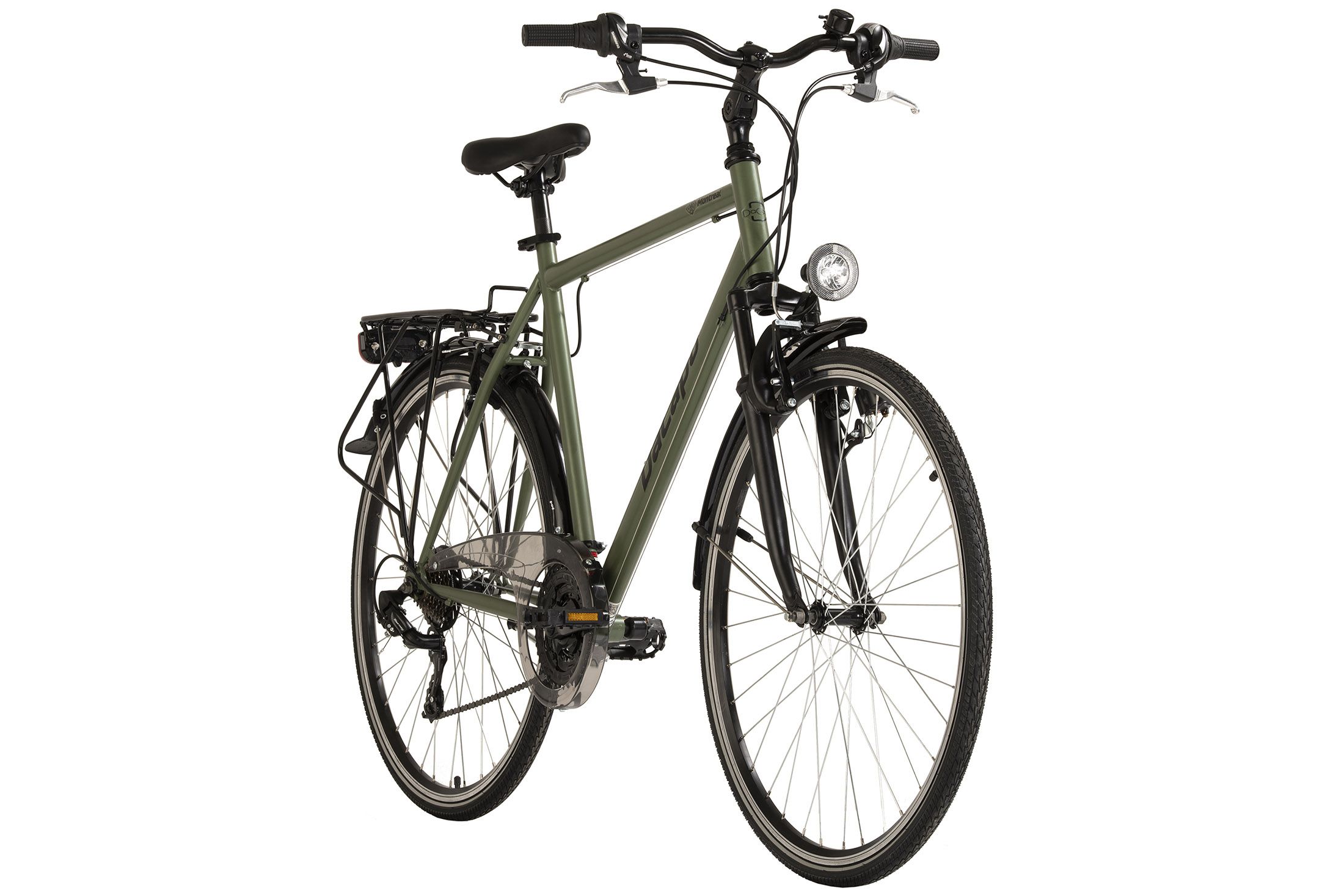 Grünes Fahrrad auf weißem Hintergrund.