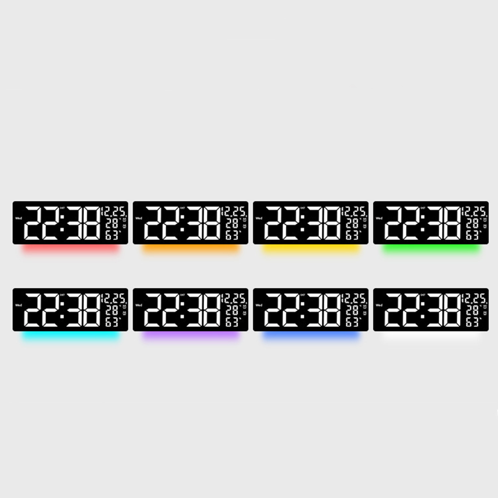 Digitaluhr, die 22:38 in verschiedenen Farben anzeigt. Acht Anzeigen der Uhr sind abgebildet.