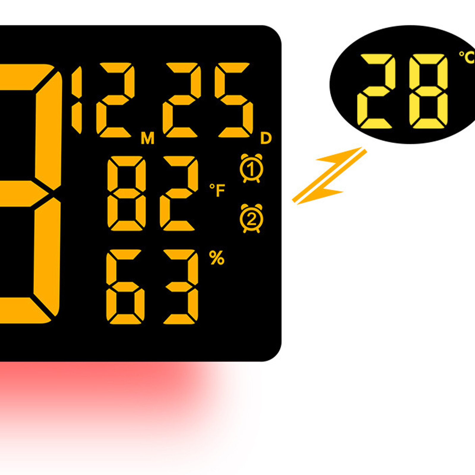 Nahaufnahme einer Digitaluhr, die Zeit, Temperatur und Luftfeuchtigkeit anzeigt. Orange Zahlen auf schwarzem Hintergrund.