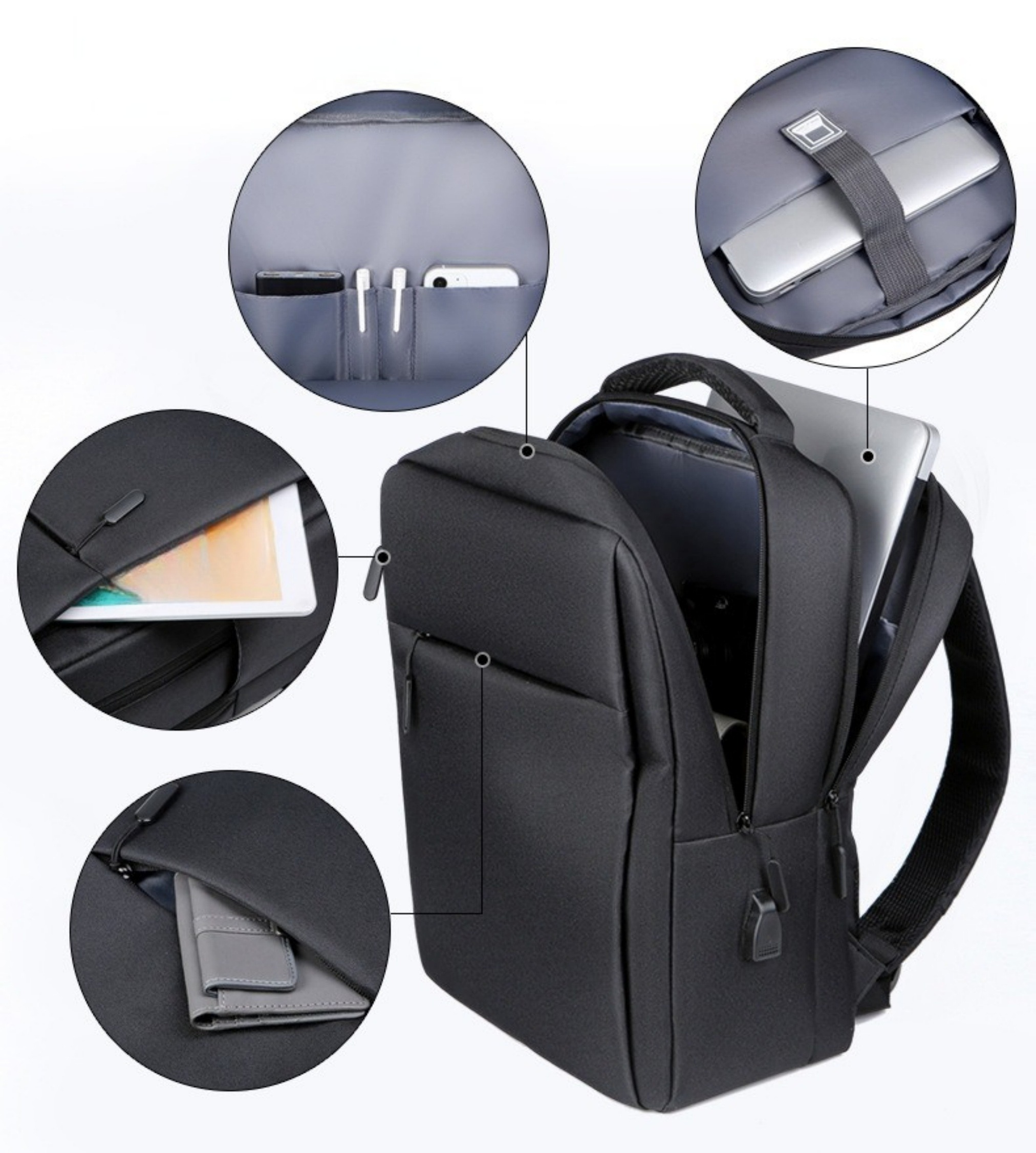 Schwarzer Rucksack mit offenen Fächern, die einen Laptop, ein Tablet, Stifte und eine Geldbörse zeigen. Details sind hervorgehoben.