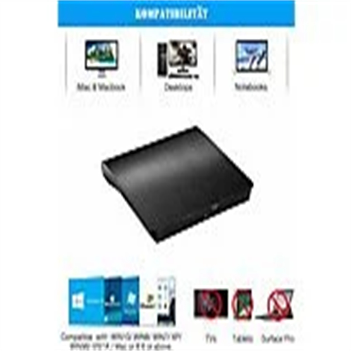 Schwarzes Gerät mit Kompatibilitätssymbolen für Mac & Macbook, Desktops und Notebooks. Unterstützt verschiedene Betriebssysteme und Geräte.