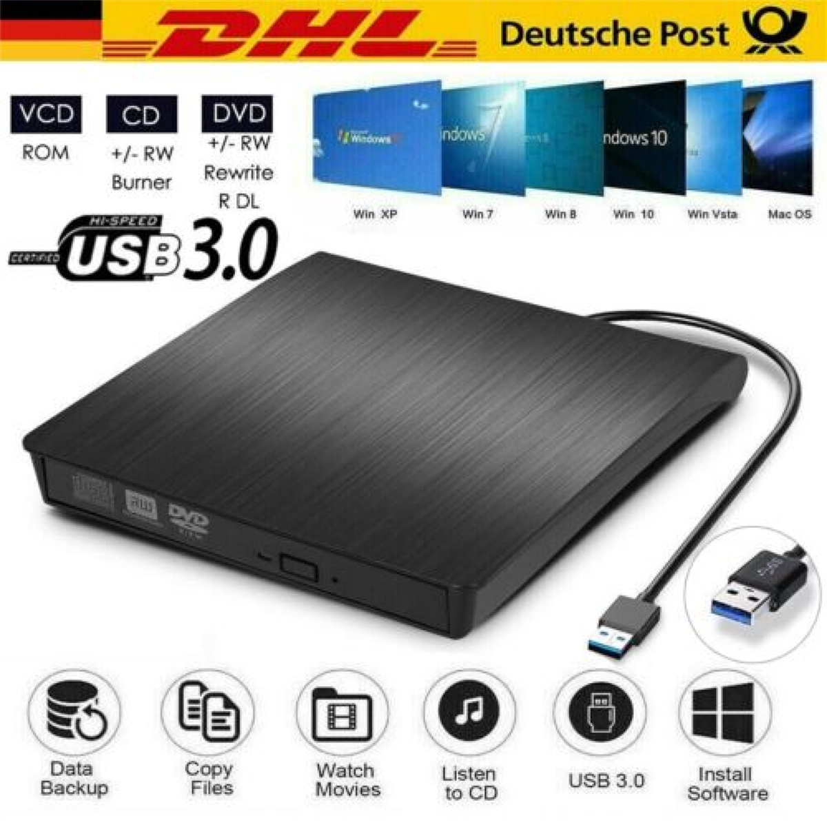 Schwarzes externes DVD-Laufwerk. USB 3.0, Datensicherung, Dateien kopieren und andere Funktionen werden angezeigt.