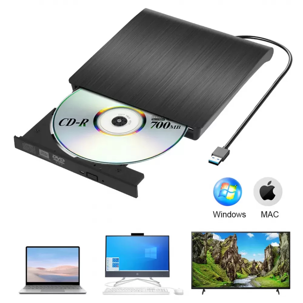DVD/CD-Laufwerk mit eingelegter CD, zeigt Kompatibilität mit Windows, MAC und Geräten wie Laptop, Desktop und TV.