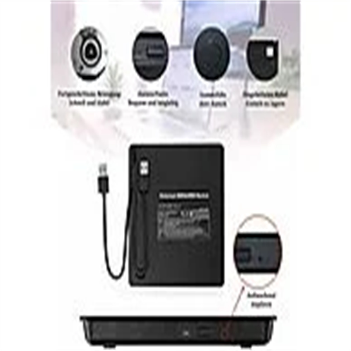 Schwarzes Gerät mit Detailansicht des Anschlusses und USB-Kabel. Zeigt Optionen wie tragbar, Wiegen und automatisches Neustarten.