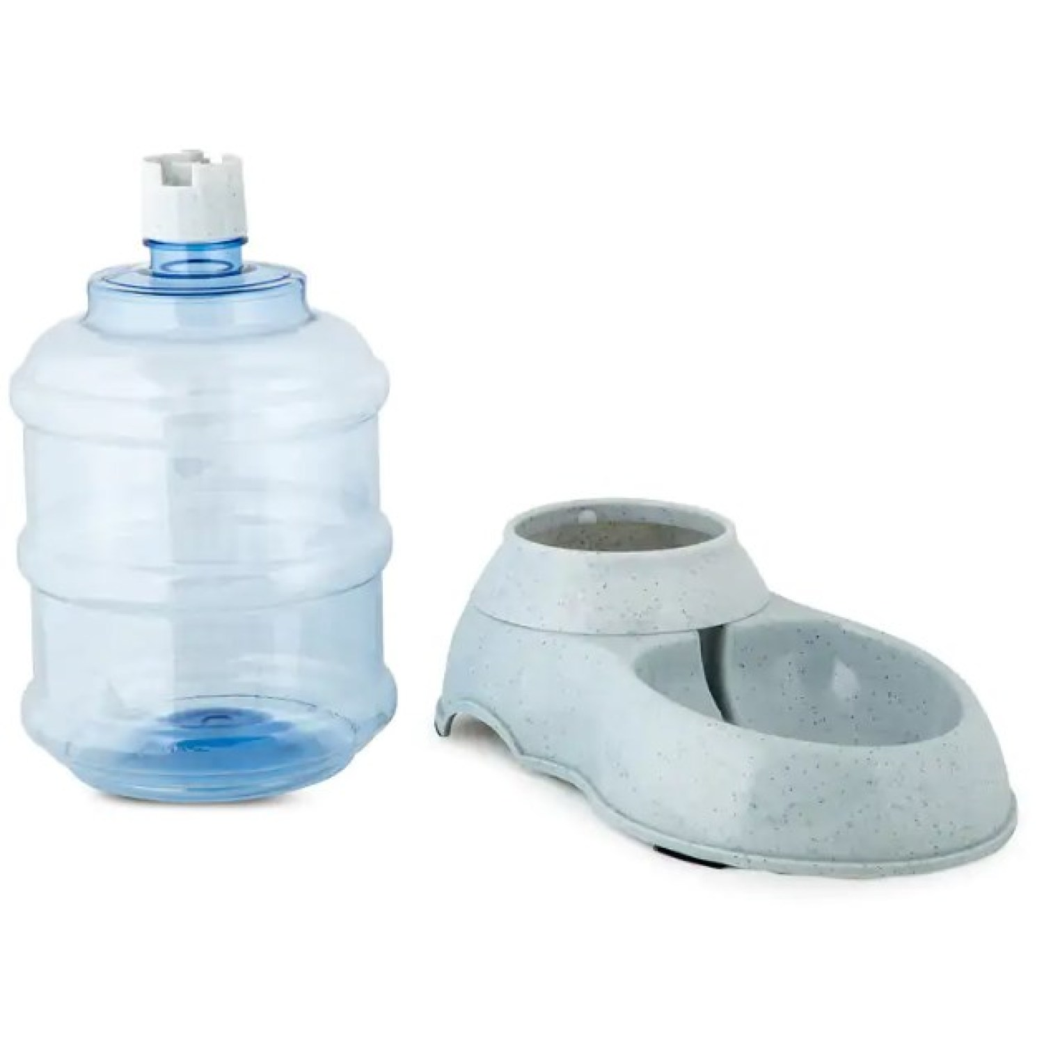 Haustier-Wasserspender, eine klare Flasche und eine hellgraue Basis mit einer Schüssel.