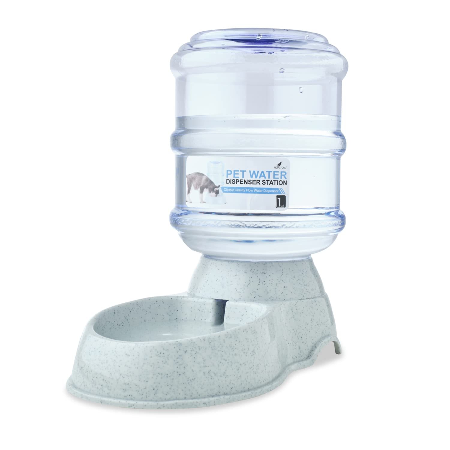 Haustier-Wasserspender, klare Wasserflasche auf hellgrauer Basis mit einer Schüssel.