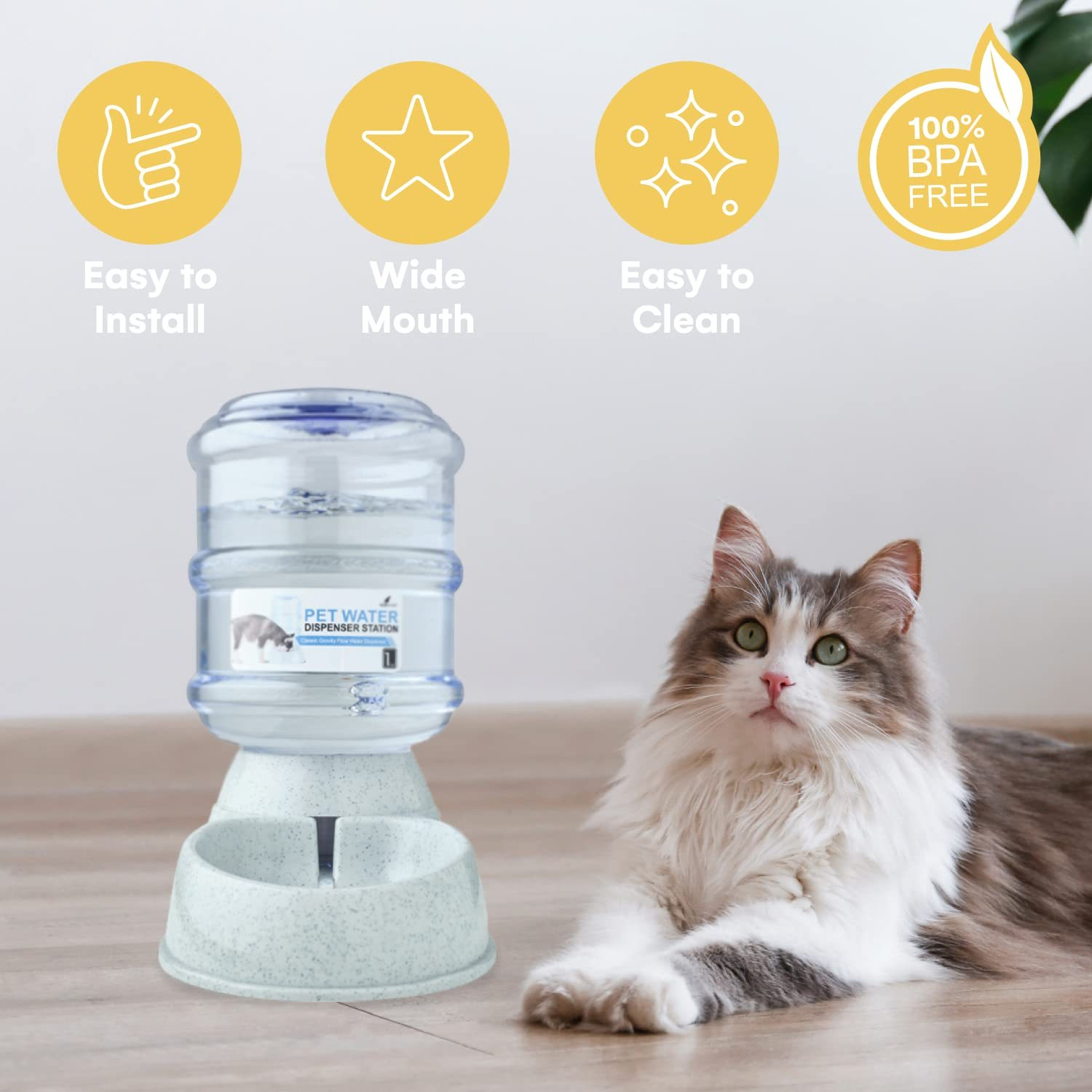 Eine Katze sitzt neben einem Wasserspender mit blauem Sockel und einem transparenten Wasserbehälter.