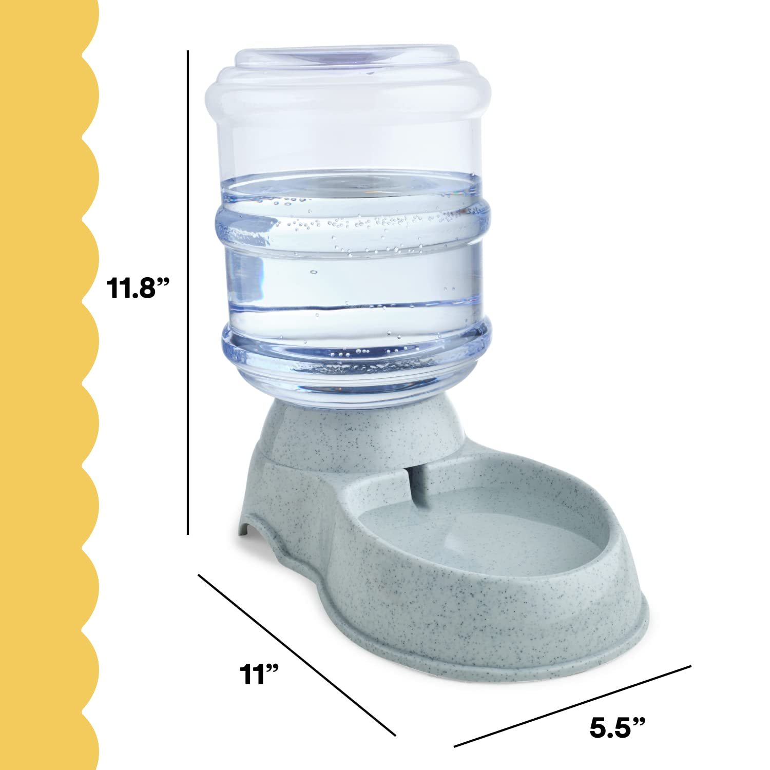 Abmessungen eines Haustier-Wasserspenders werden angezeigt. Er hat einen Wassertank und eine Futterschüssel.