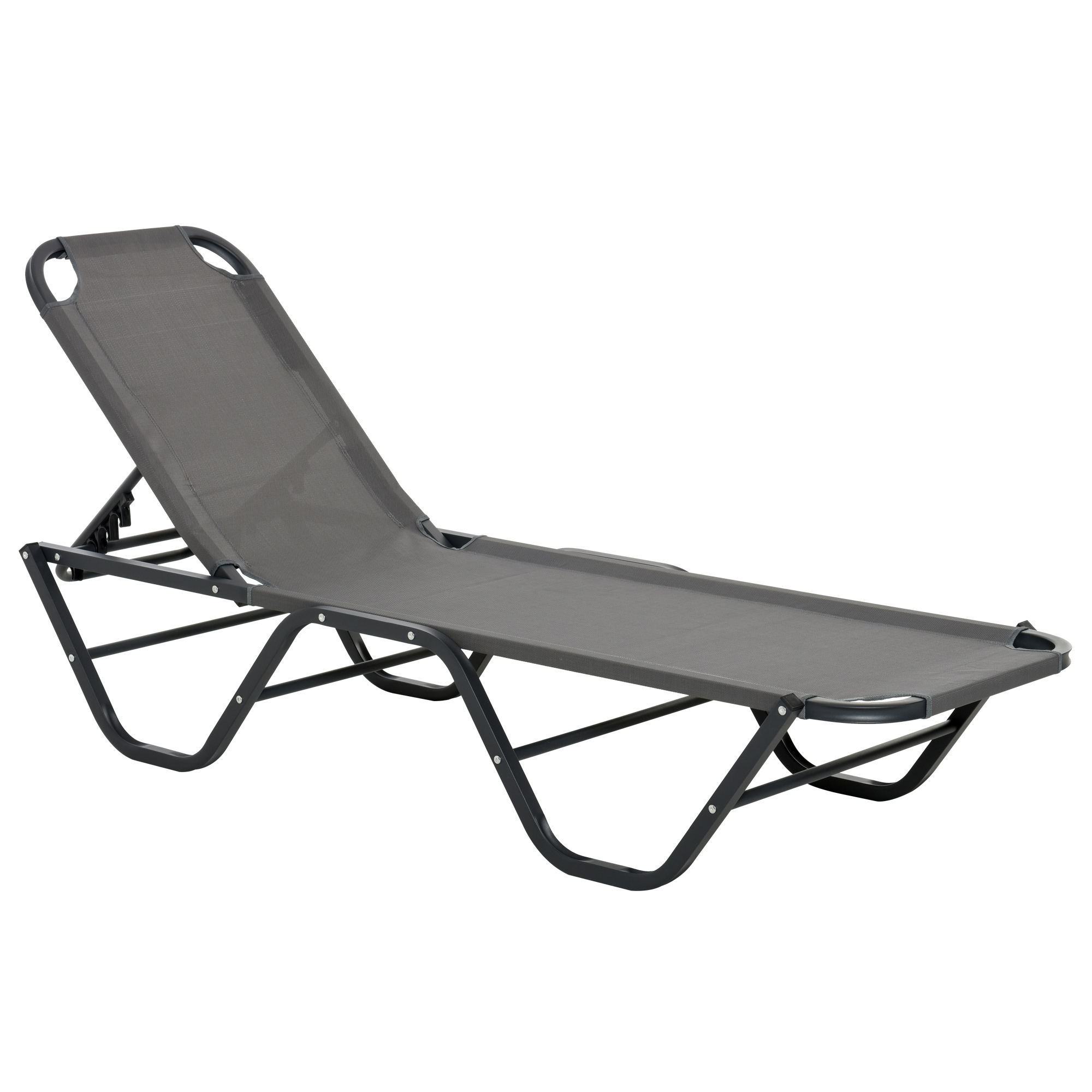 Eine graue Outdoor-Chaiselongue. Sie hat eine verstellbare Rückenlehne und einen schwarzen Metallrahmen.