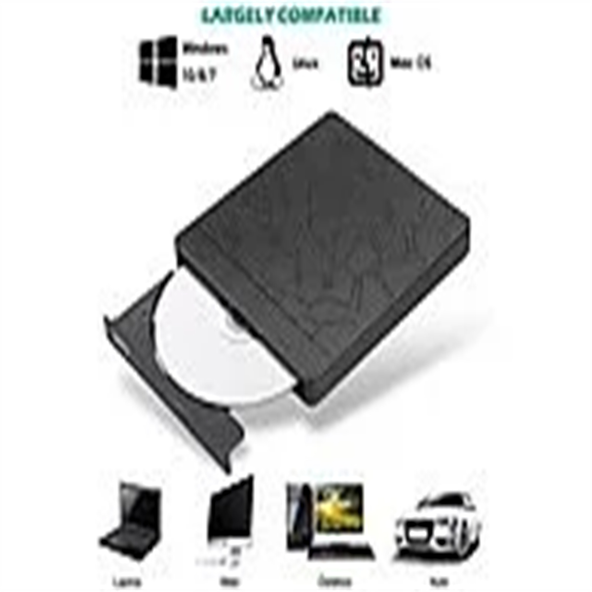 Schwarzes externes Laufwerk mit eingelegter CD. Mit Symbolen für Geräte, mit denen es funktioniert: Laptop, Tablet und Auto.