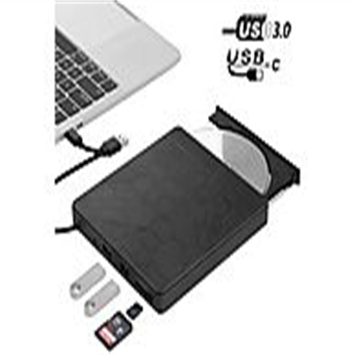 Schwarzes externes DVD-Laufwerk, das an einen Laptop angeschlossen ist. USB- und SD-Kartensteckplätze sind sichtbar.