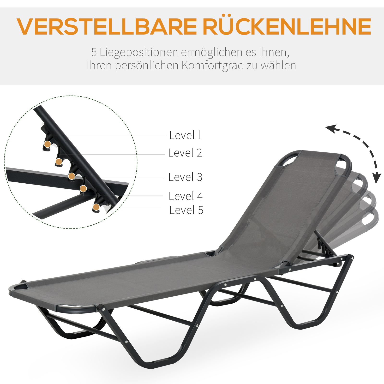 Grauer, zusammenklappbarer Outdoor-Stuhl mit verstellbarer Rückenlehne. Zeigt fünf Neigungswinkel. Schwarzes Gestell, grauer Sitz.