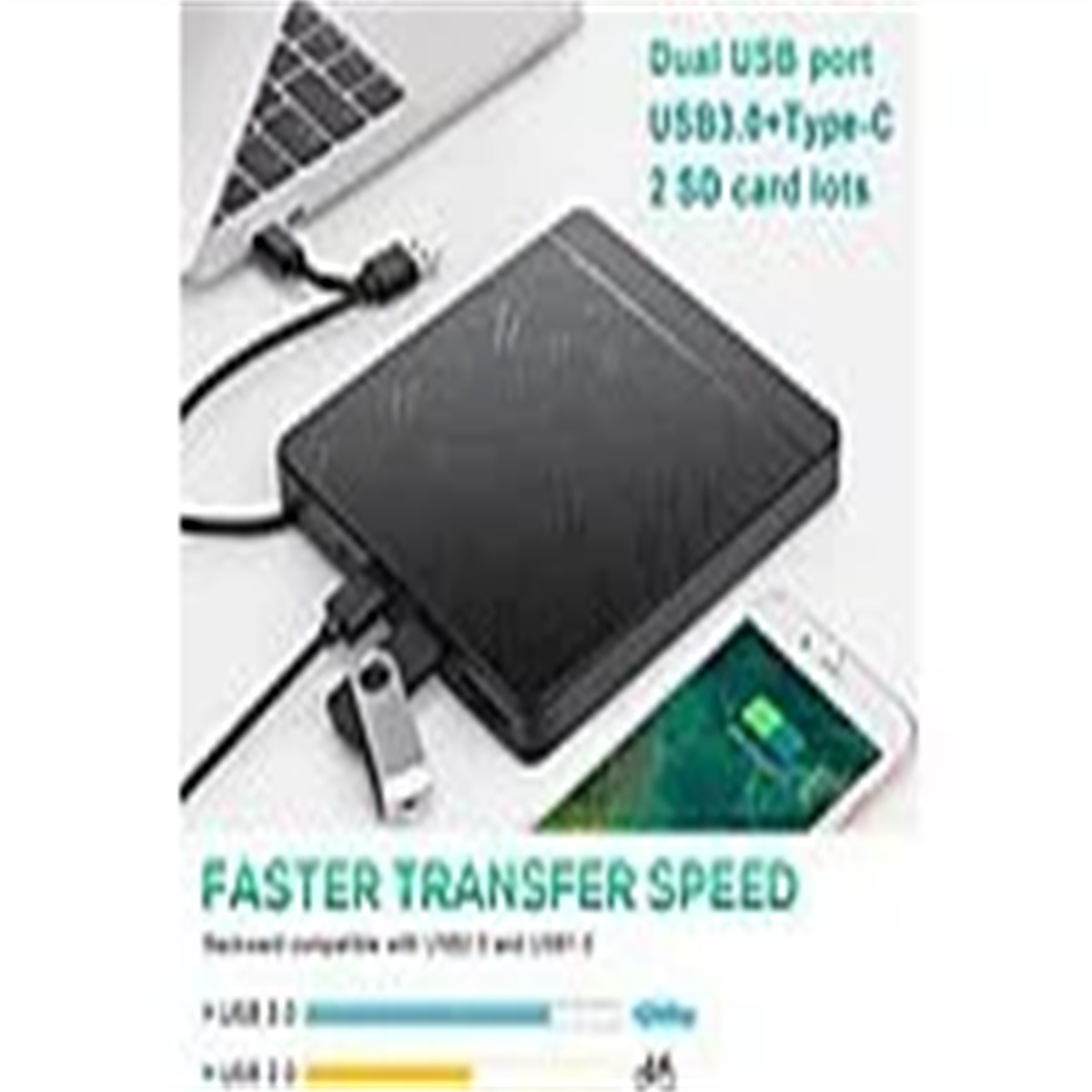 Schwarzes externes Laufwerk, verbunden mit Laptop und Telefon. USB-Anschlüsse und SD-Kartensteckplätze. Text: 'Schnellere Übertragung'.