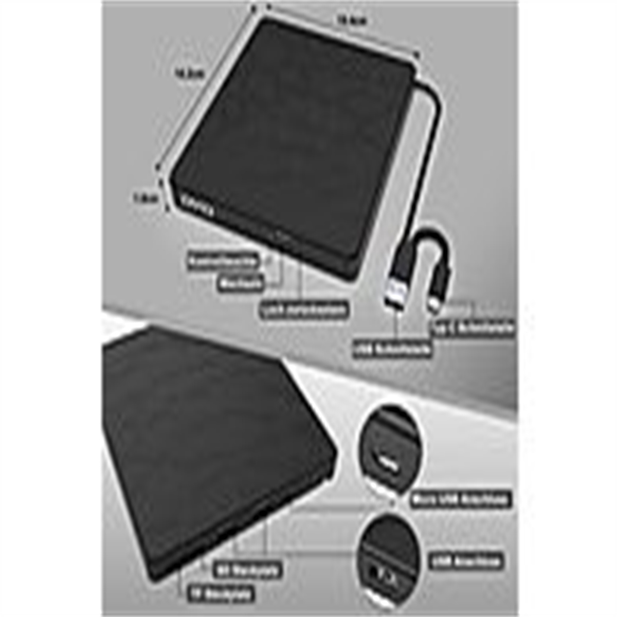 Zwei Schwarz-Weiß-Diagramme eines tragbaren DVD-Laufwerks mit USB-Anschlüssen und beschrifteten Teilen.