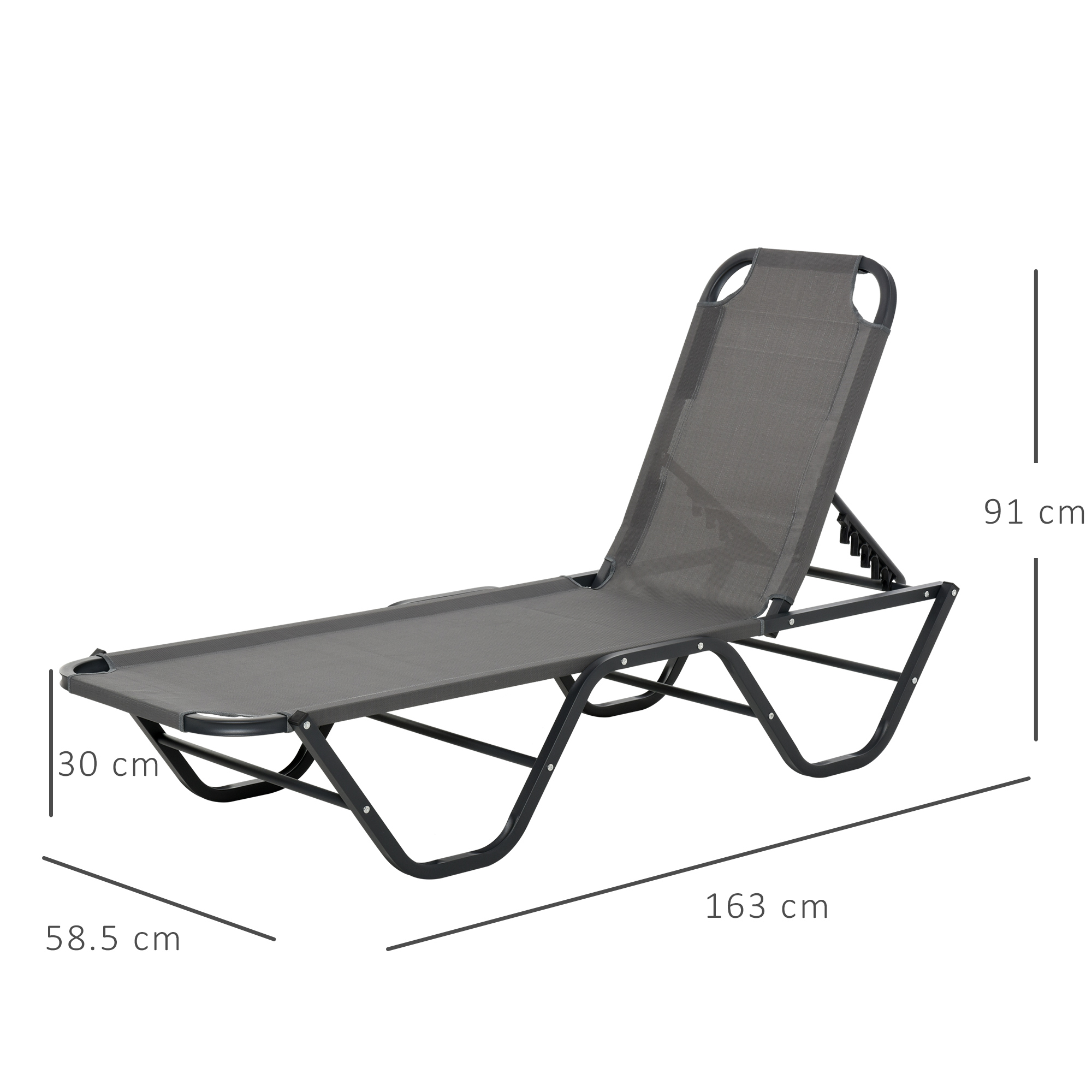 Eine graue Chaiselongue mit beschrifteten Abmessungen vor weißem Hintergrund.