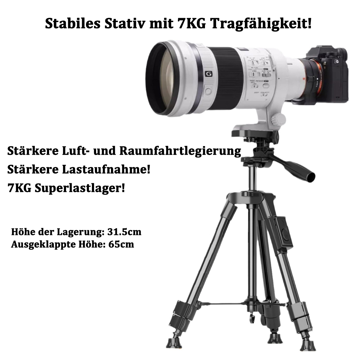 Un treppiede con una fotocamera attaccata. Il testo dice che ha una capacità di 7 kg ed è per un uso più intenso.