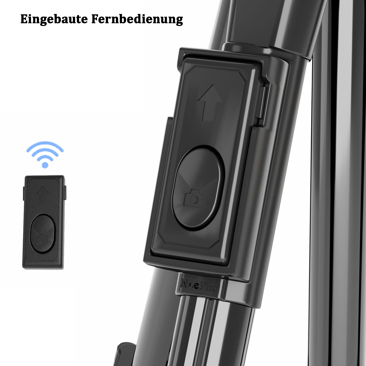 Primo piano di un dispositivo nero con pulsante e freccia. Icona telecomando. Testo: Telecomando integrato.