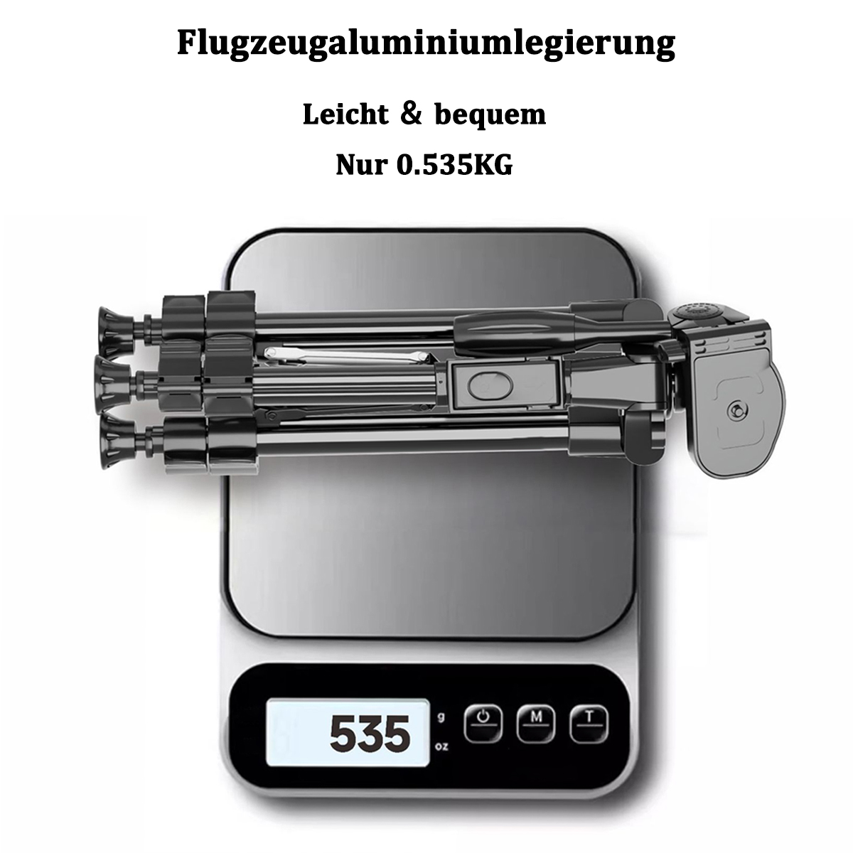 Treppiede nero piegato su una bilancia. Testo: Lega di alluminio, leggero, solo 0,535KG.