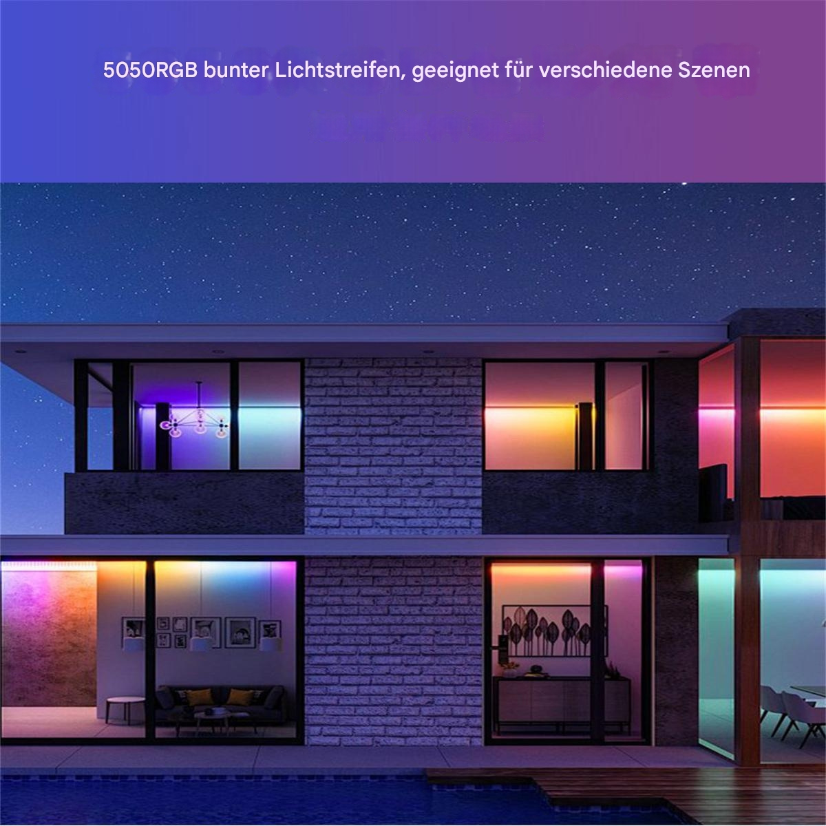 Außenansicht eines modernen Hauses mit bunten LED-Leuchten. Der Himmel ist dunkel.
