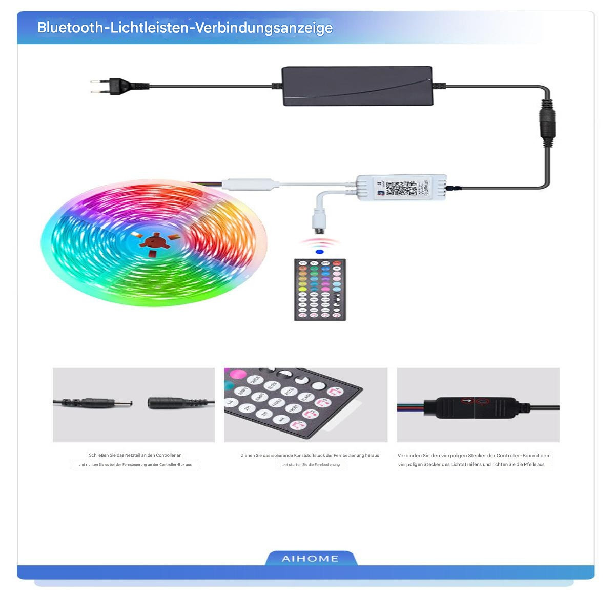 Diagramm eines LED-Streifenlicht-Setups mit Fernbedienung und verschiedenen Verbindungskomponenten.