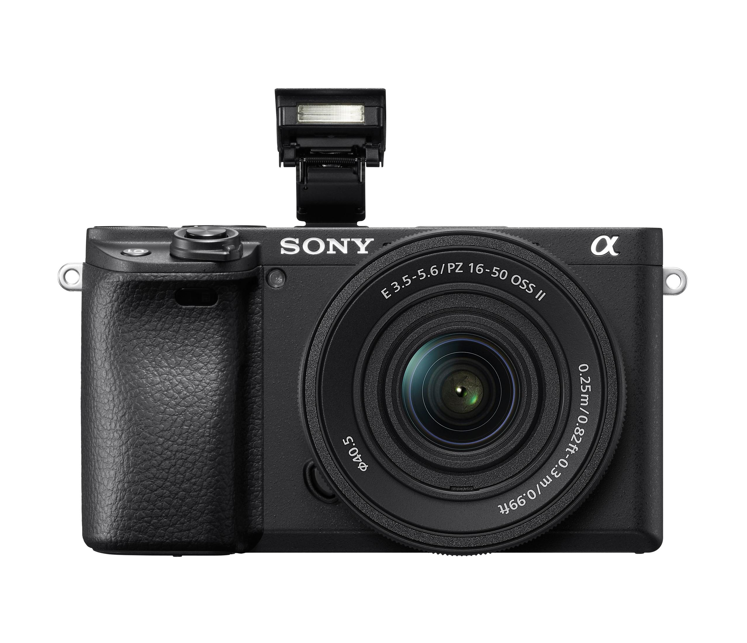 Eine schwarze Sony-Kamera mit Blitz oben, Objektiv in der Mitte und dem Sony-Logo.