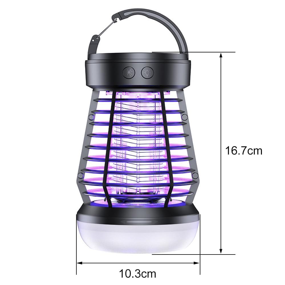 Eine Insektenvernichterlampe mit Griff und den angegebenen Abmessungen: 16,7 cm hoch und 10,3 cm breit.