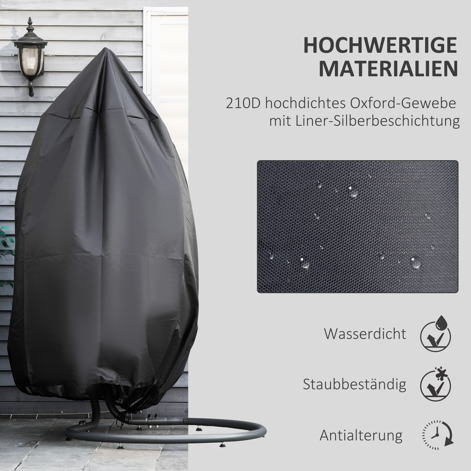 Schwarze Stuhlabdeckung auf einem Stuhl, mit Text und einer Nahaufnahme des Stoffes. Weißer Hintergrund.