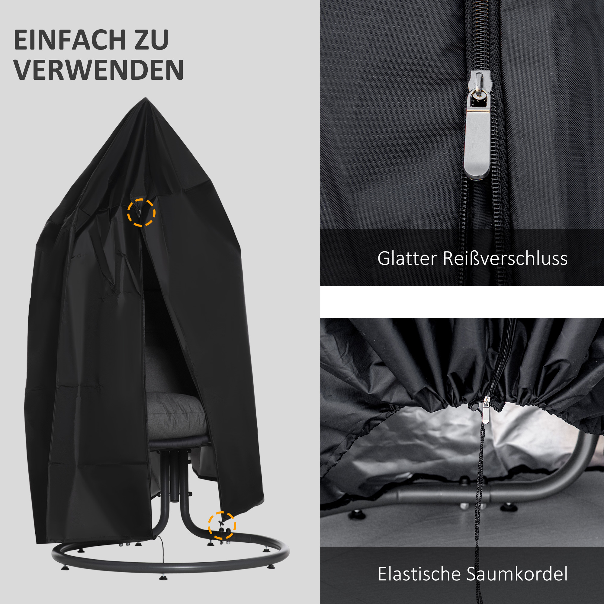 Nahaufnahme der schwarzen Stuhlabdeckung mit Details. Weißer Hintergrund.
