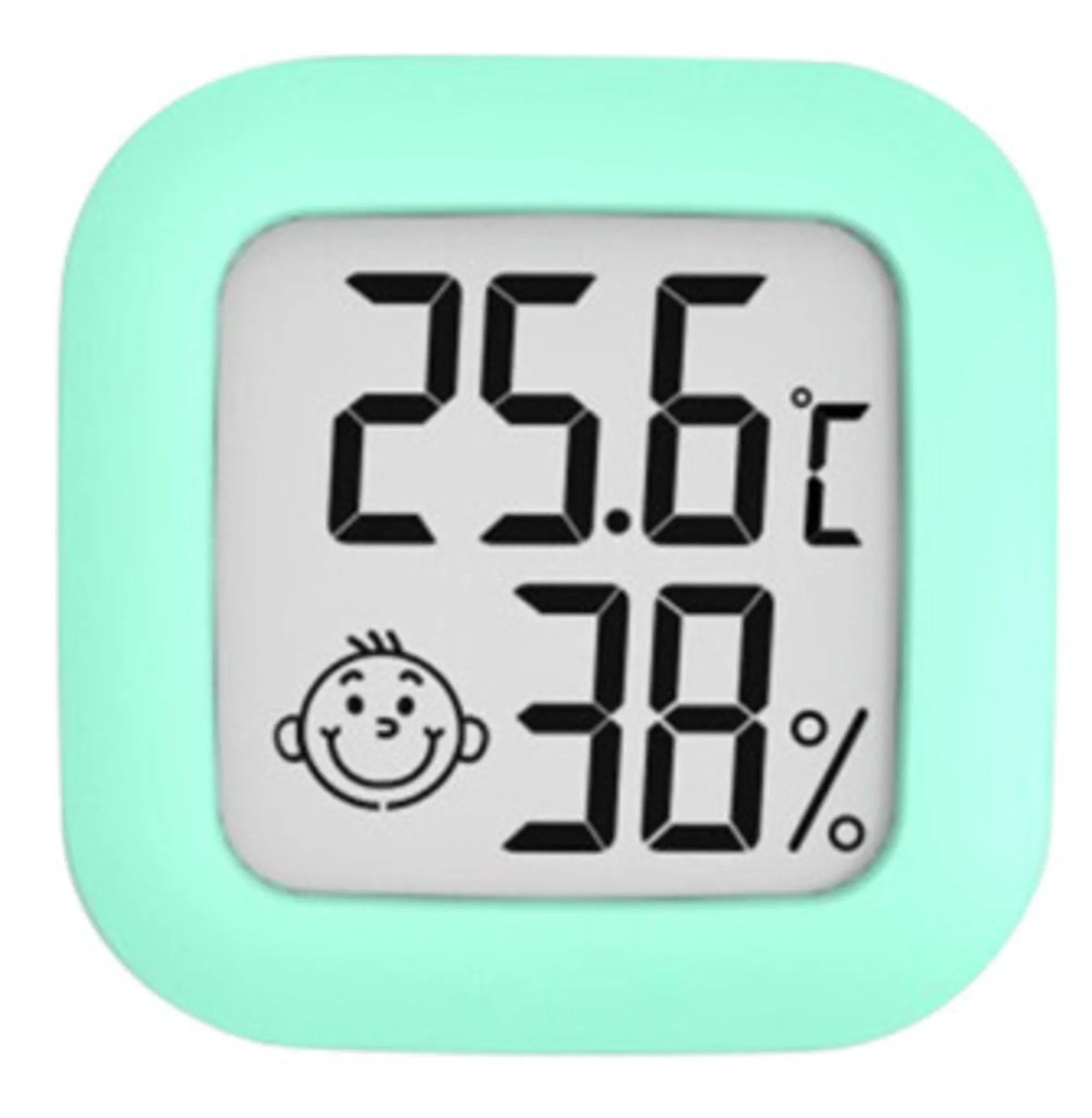 Ein quadratisches türkisfarbenes digitales Thermometer mit 25,6 °C und 38 % Luftfeuchtigkeit.