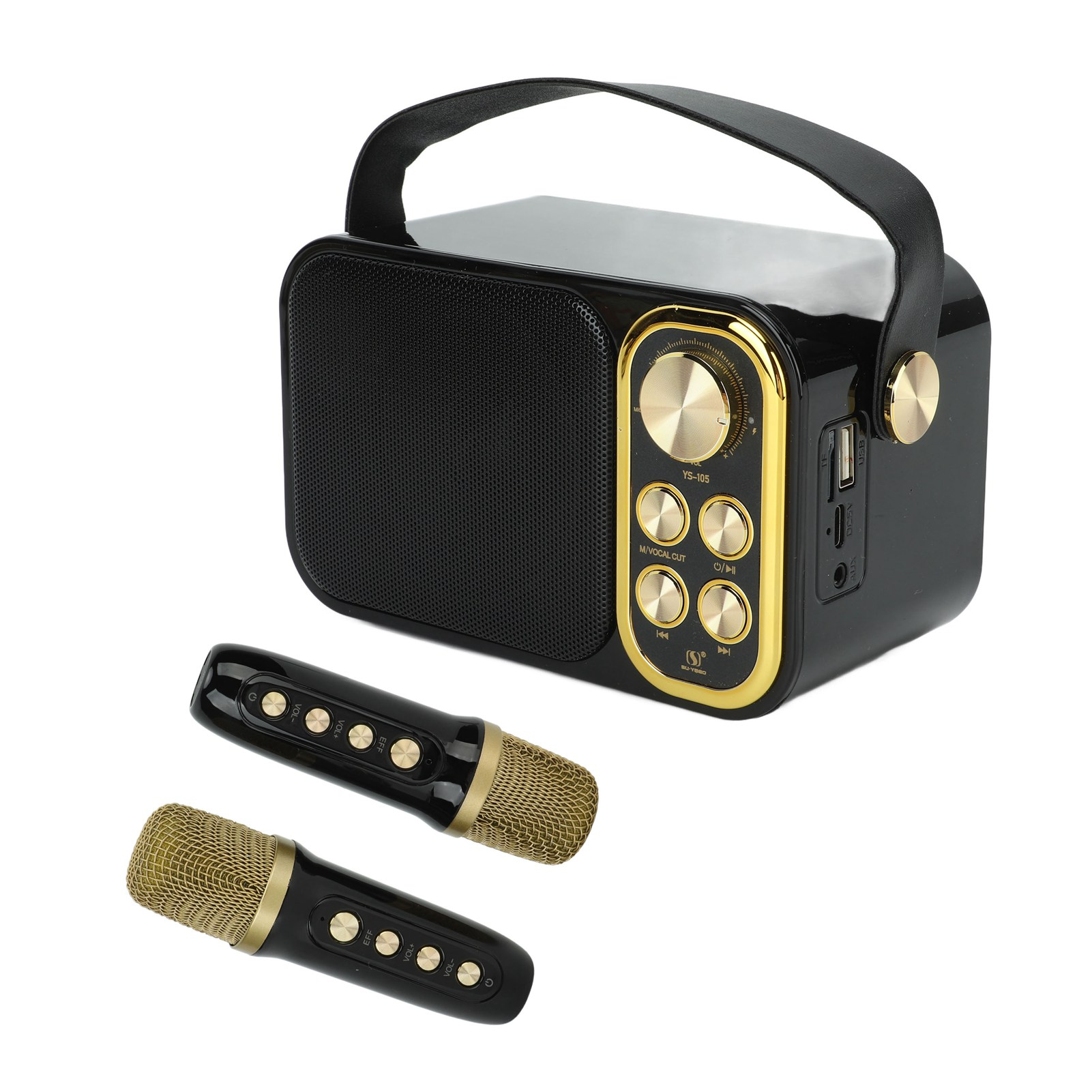 Schwarze und goldene Karaoke-Maschine mit zwei Mikrofonen, Seitenansicht, weißer Hintergrund.