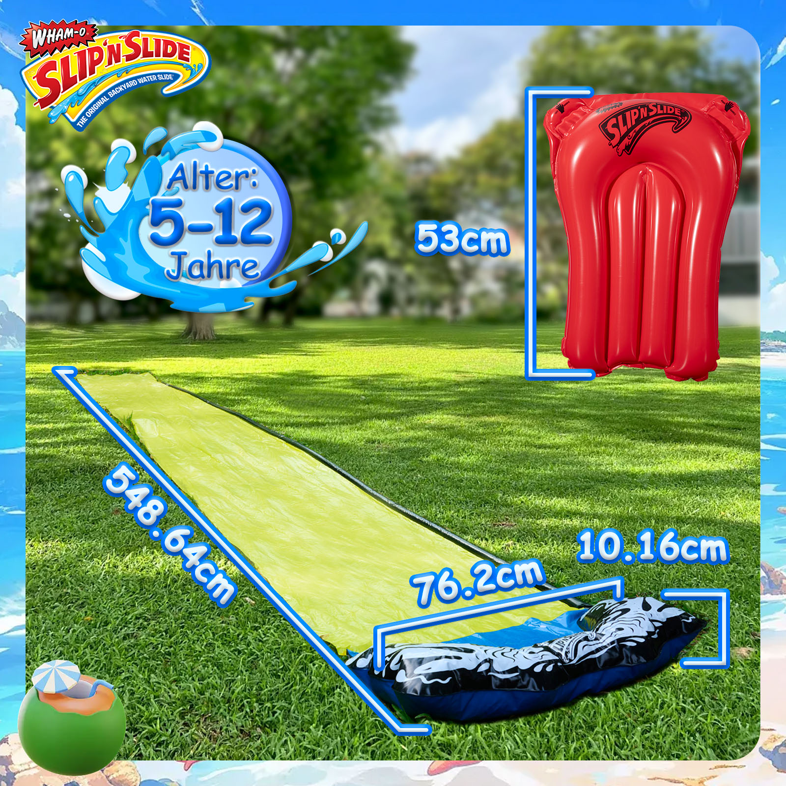 Wham-Slip'N Slide Wasserspielzeug. Grüne Rutsche mit aufblasbaren Elementen. Inklusive rotem Schlauchboot.