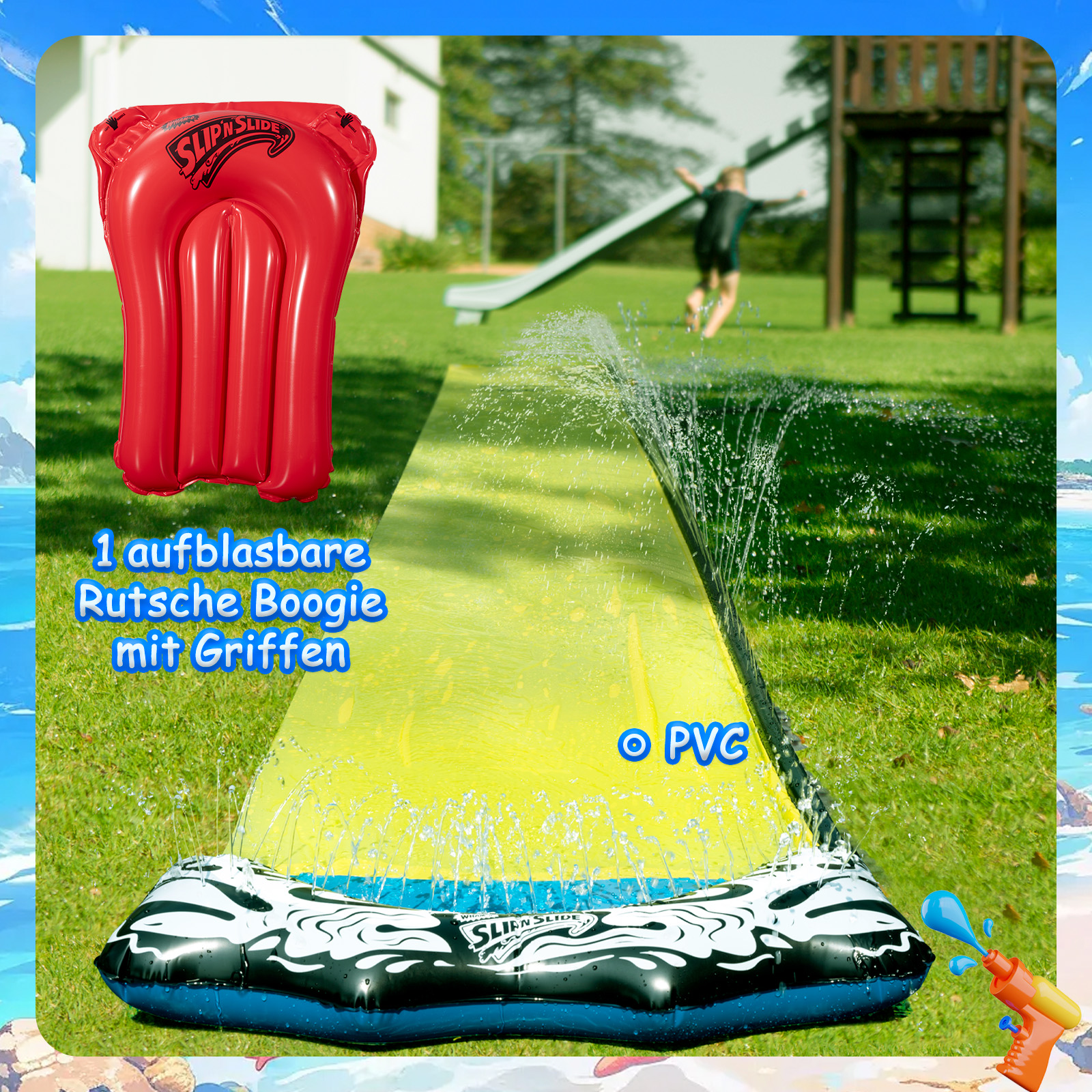 Rote aufblasbare Rutsche mit Kind, das rennt. Wasser spritzt aus gelber Rutsche.