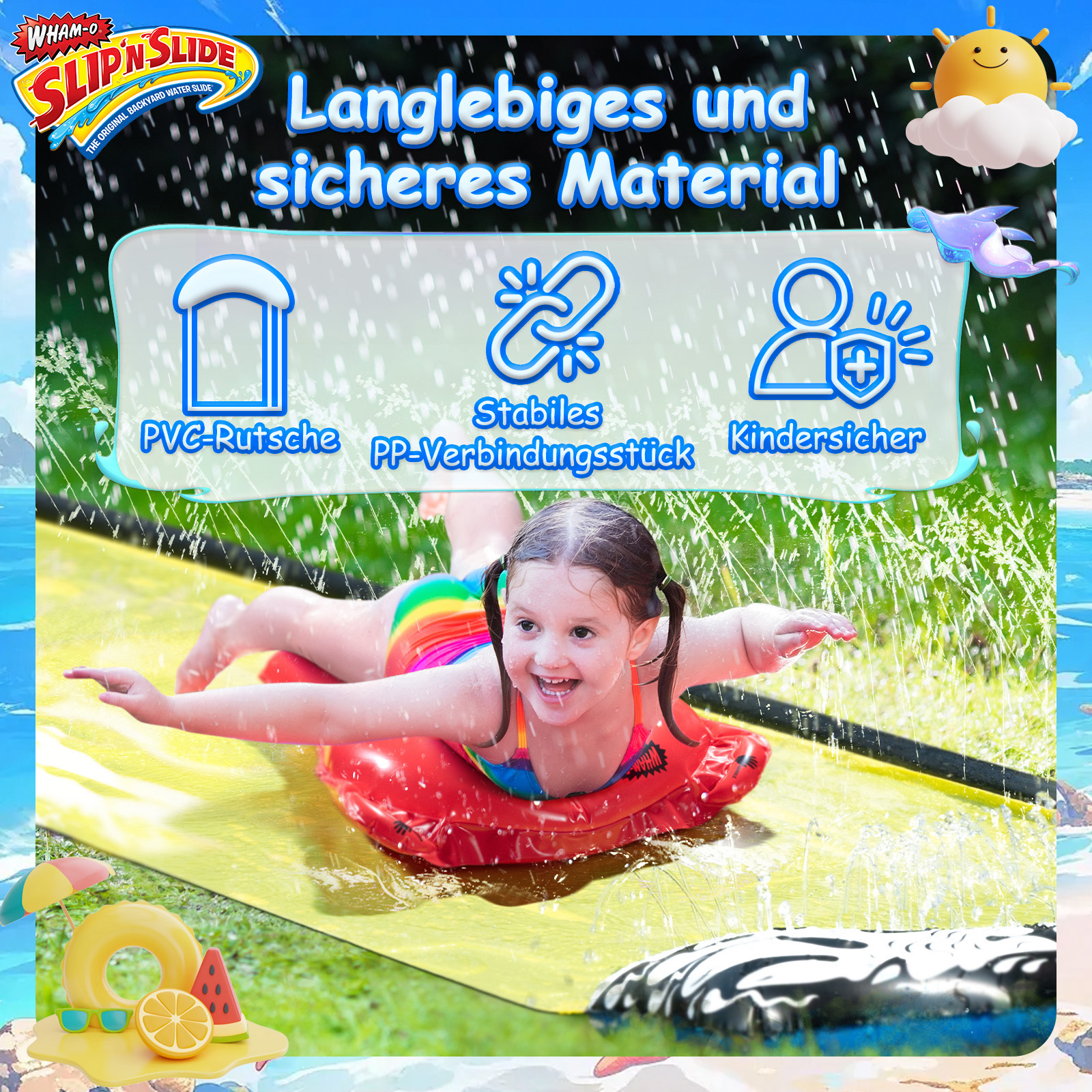 Ein Mädchen auf einem roten Schlauchboot, auf einer gelben Wasserrutsche, mit Spritzern.
