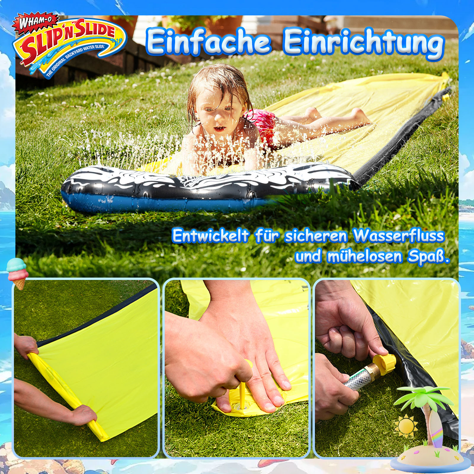 Ein Kind rutscht auf einer gelben Wasserrutsche. Es gibt Anweisungen und Text auf Deutsch.
