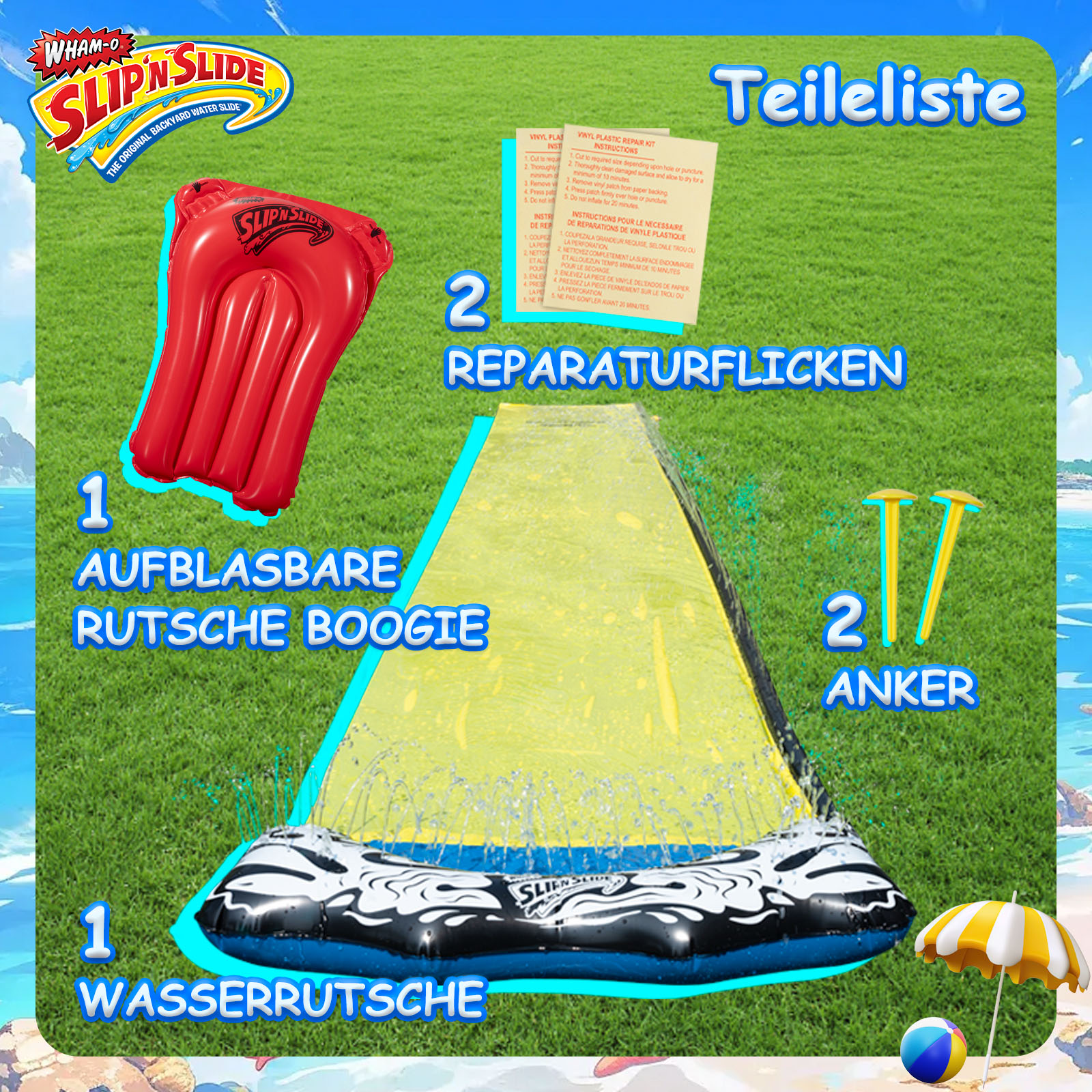Ein Bild eines Slip'N Slide Wasserspielzeugs mit mehreren Zubehörteilen. Enthält die Teileliste.