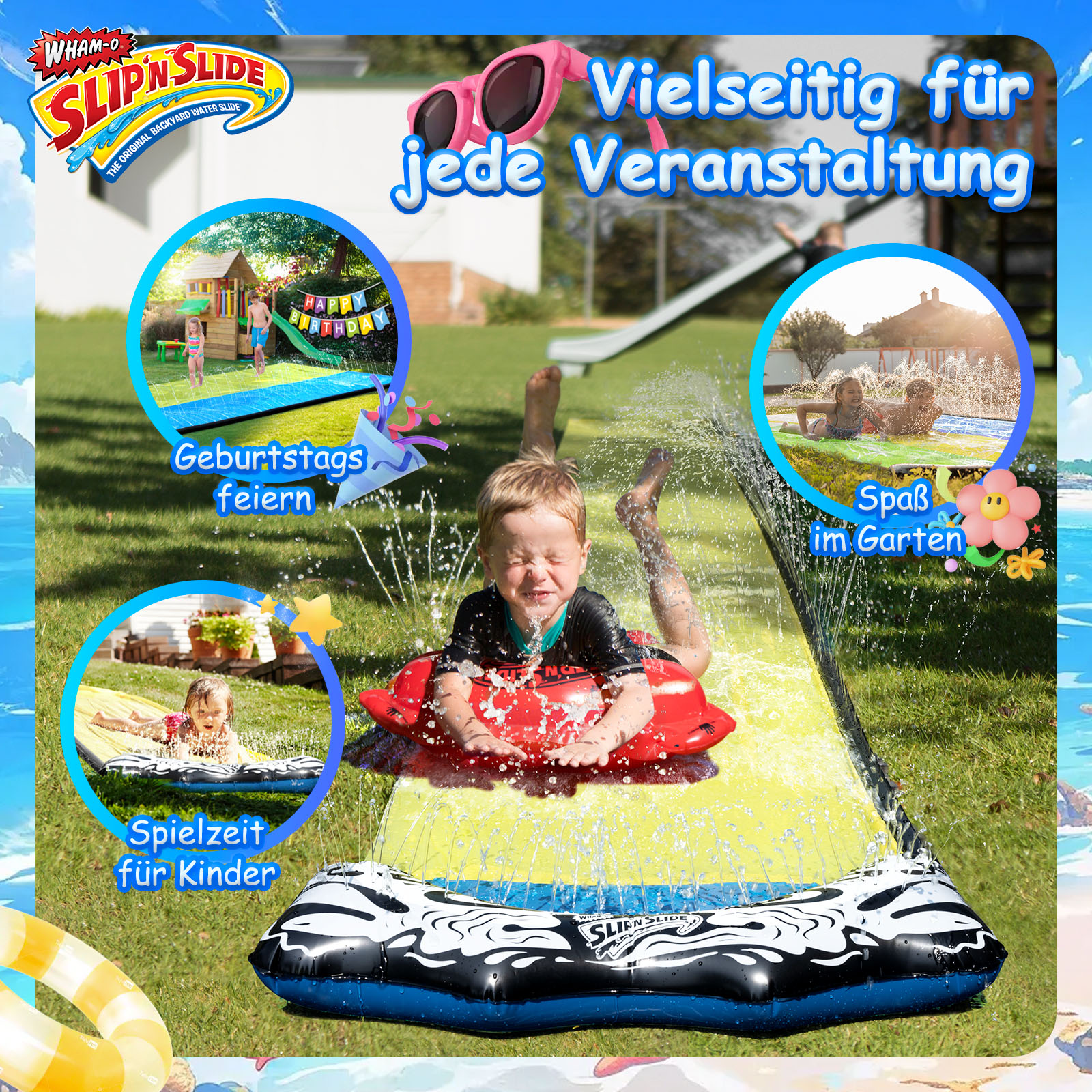 Kinder spielen auf einem Slip'N Slide, mit mehreren Szenen. Enthält Text-Overlays und Zubehör.