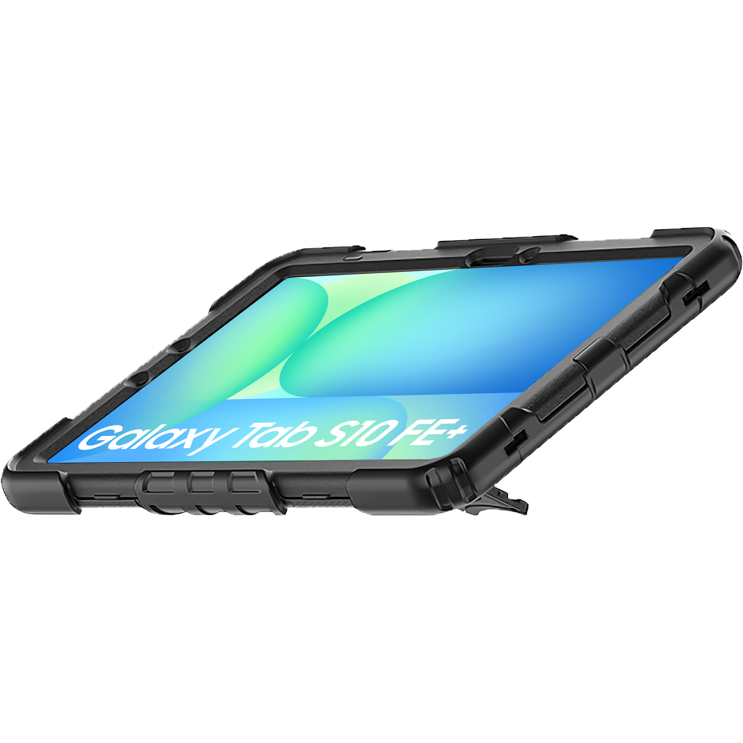 Schwarze Tablethülle mit Ständer und Tablet. Der Bildschirm zeigt Grün und Blau.