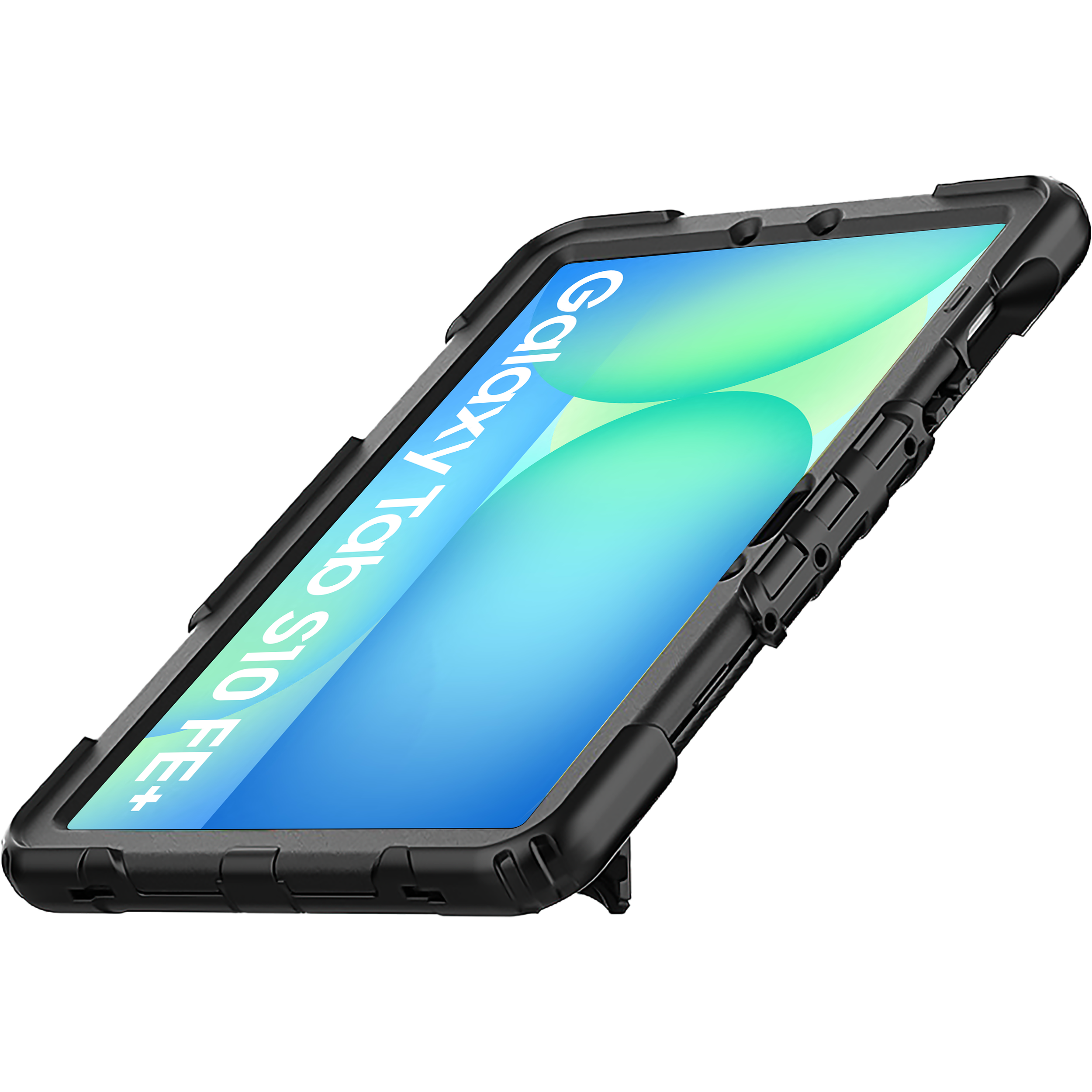 Ein schwarzes Tablet mit Schutzhülle, auf einer weißen Oberfläche angewinkelt. Der Bildschirm ist an.