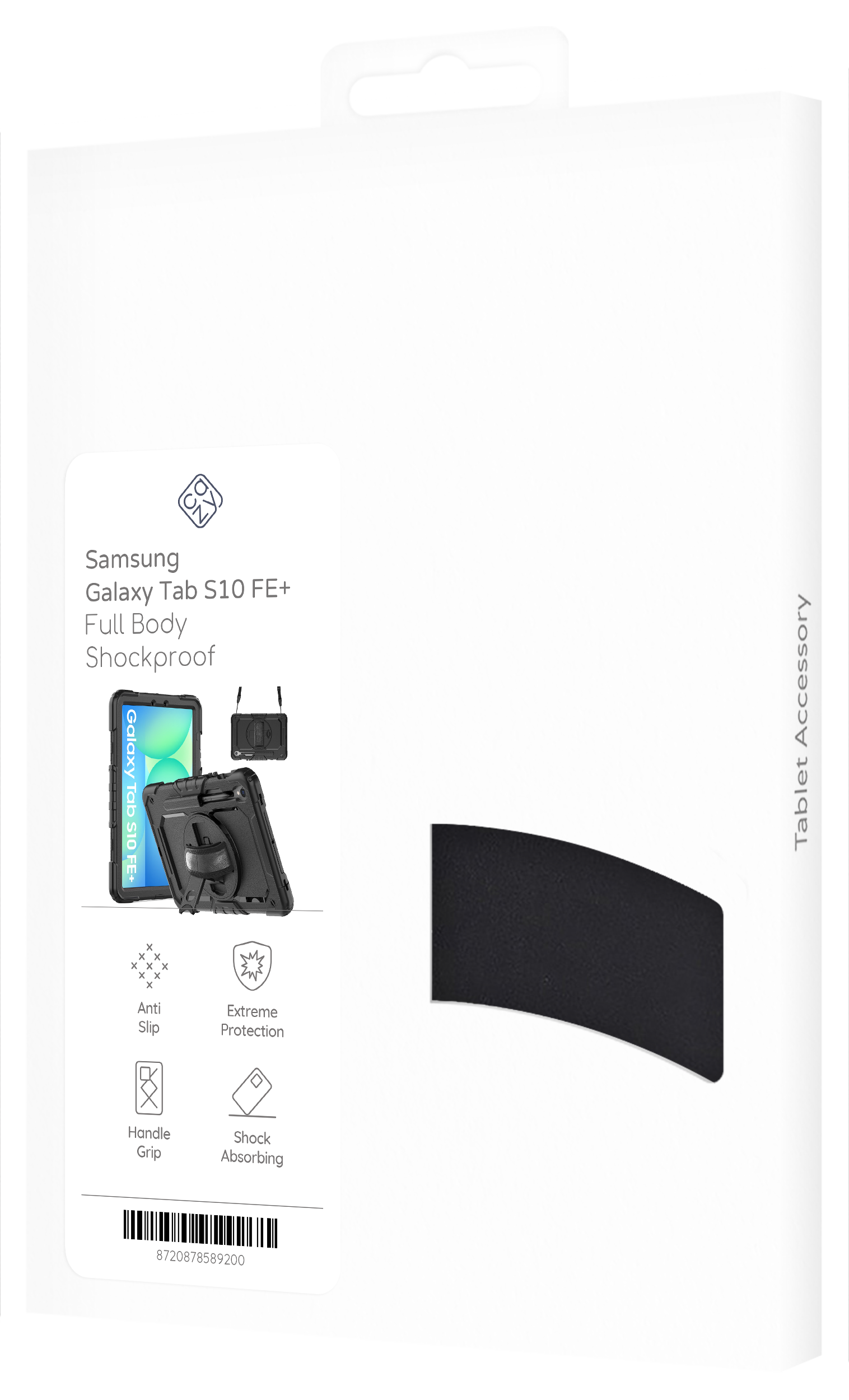 Weiße Box mit Bild einer Tablethülle. Die Hülle ist schwarz und stoßfest.
