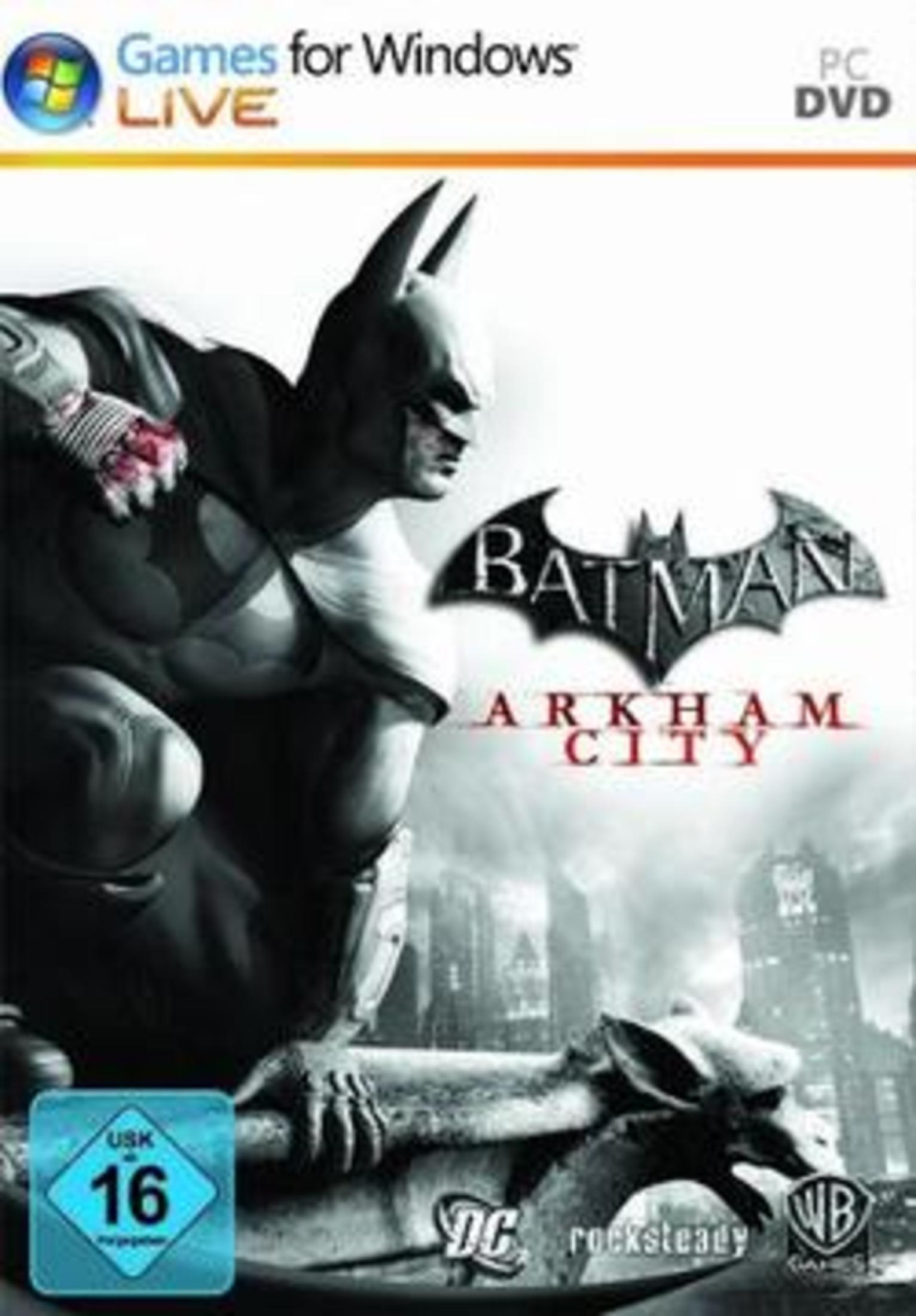 Batman Arkham City Spielcover. Batman im Hintergrund, mit Logo auf dem Cover.
