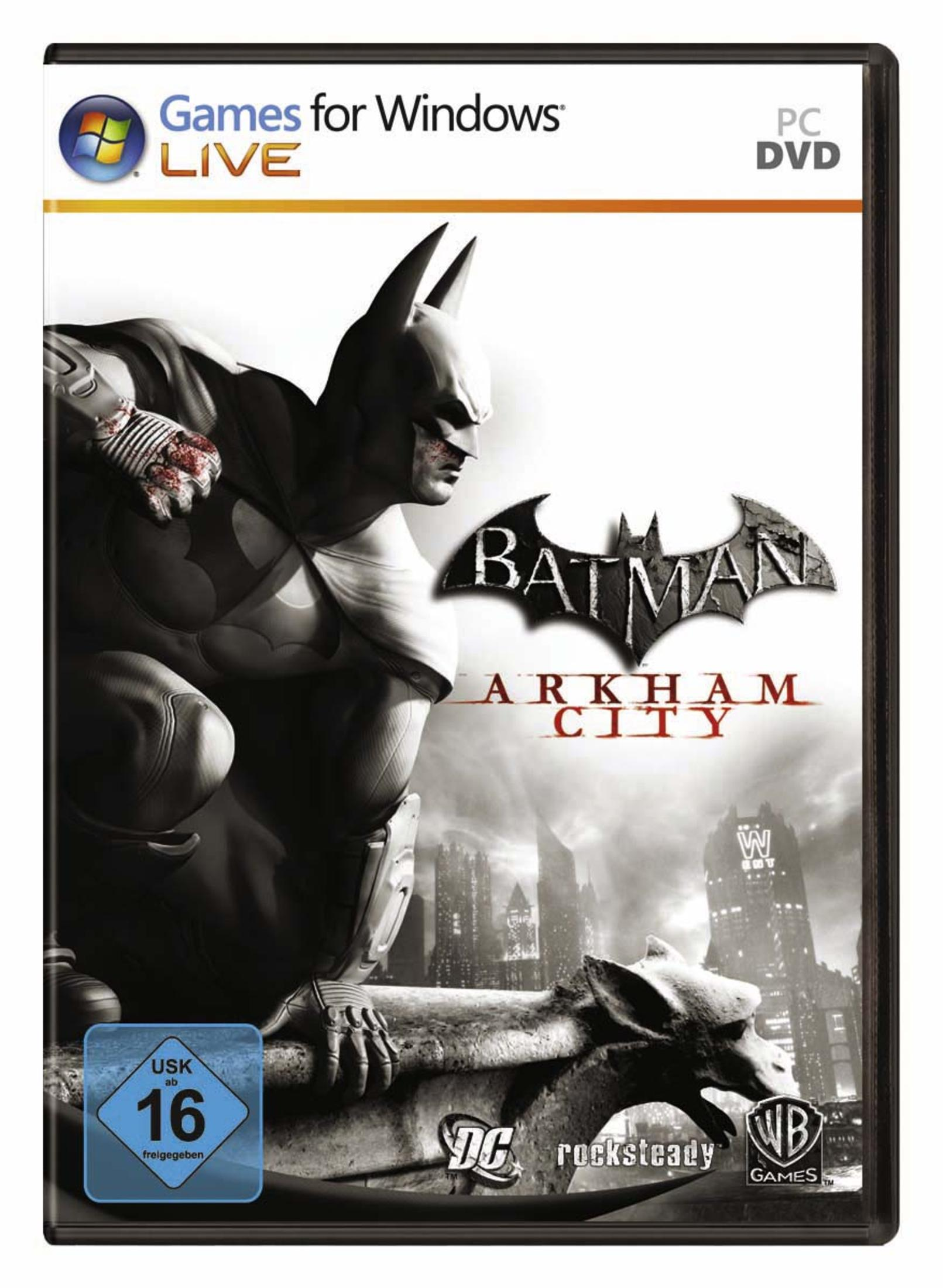 Batman Arkham City Spielhülle, Batman, Gebäude und Logo. Weißer Hintergrund.