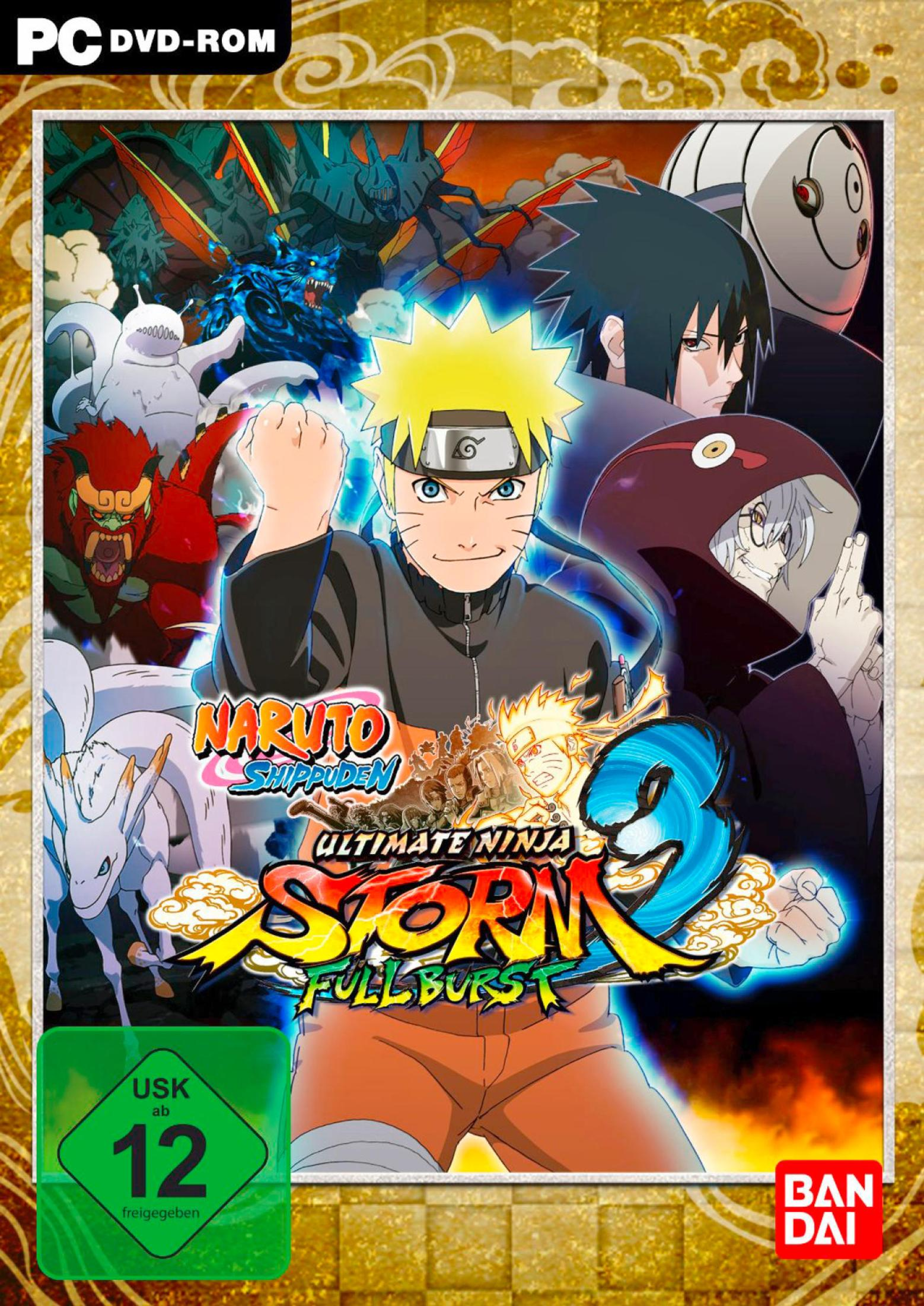 Naruto Shippuden-Spielhülle. Naruto-Charakter auf dem Cover mit anderen Charakteren und Logo.