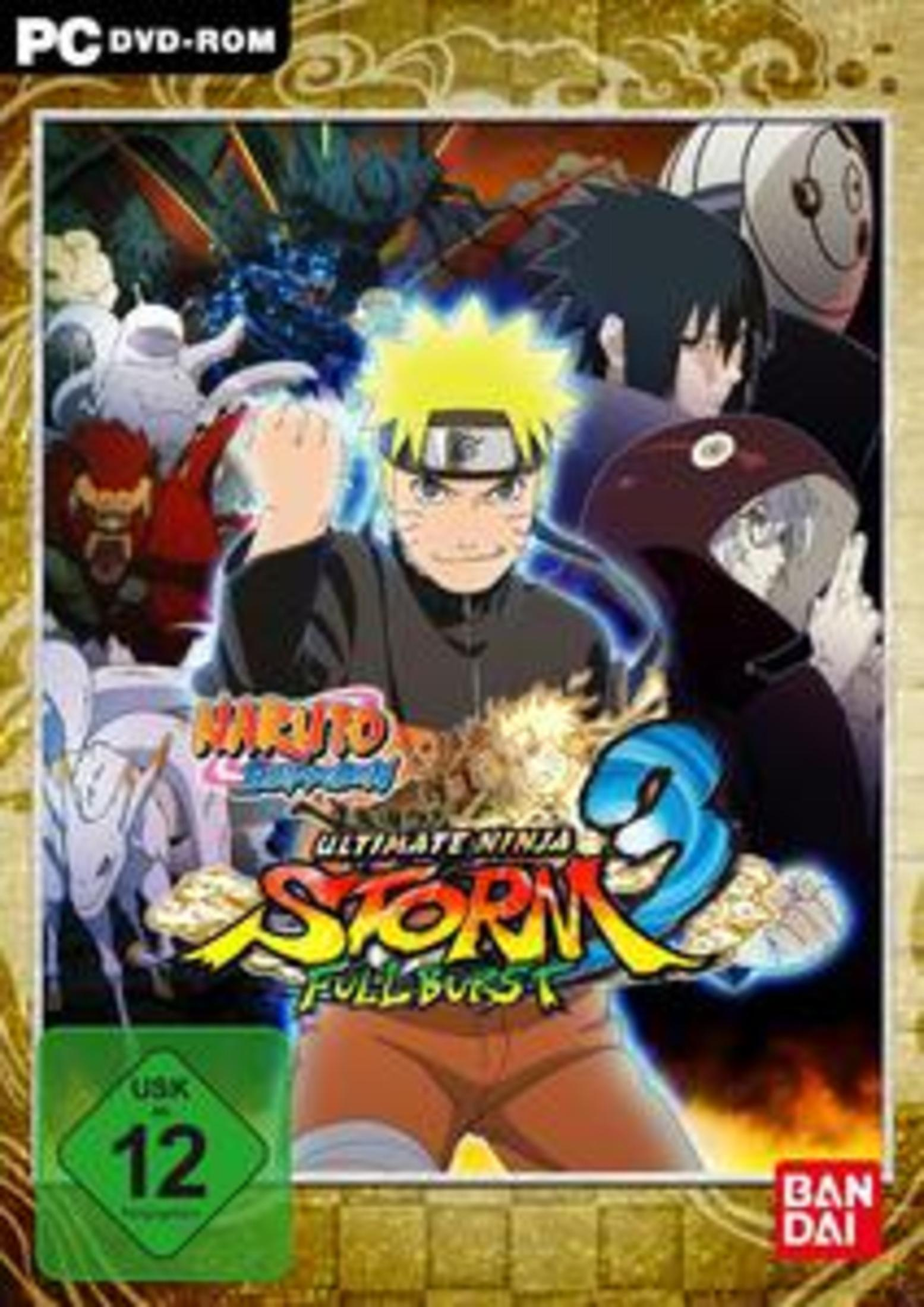 Naruto Shippuden Spielhülle, Naruto, andere Charaktere und Logo. Weißer Hintergrund.