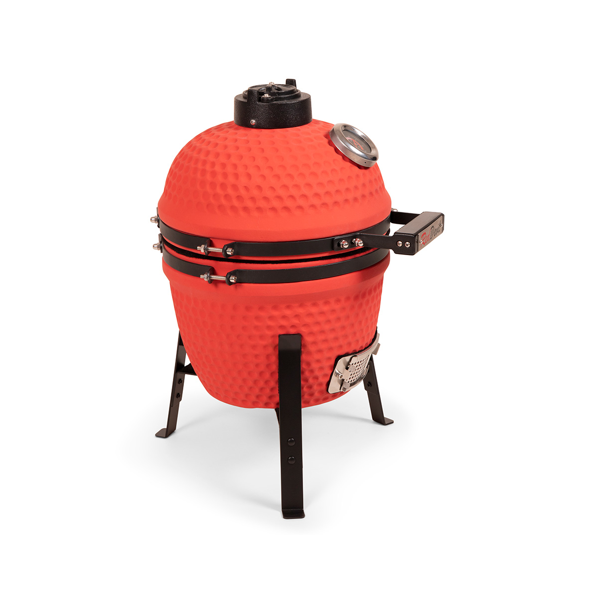 Roter Grill mit schwarzen Details und Beinen. Weißer Hintergrund.