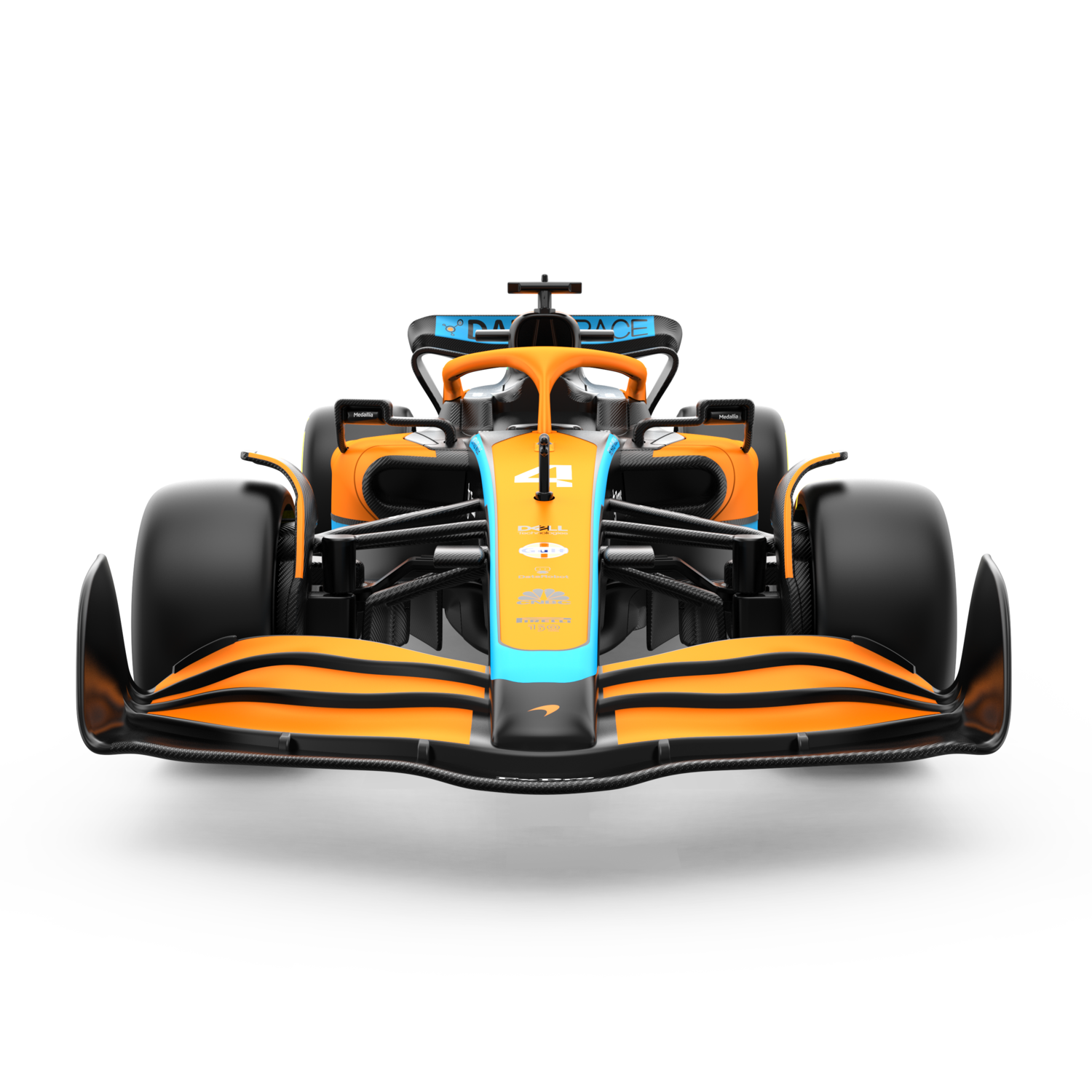 Orangener und schwarzer McLaren Formel-1-Wagen, Frontansicht, auf weißem Hintergrund. Sponsorenlogos sichtbar.